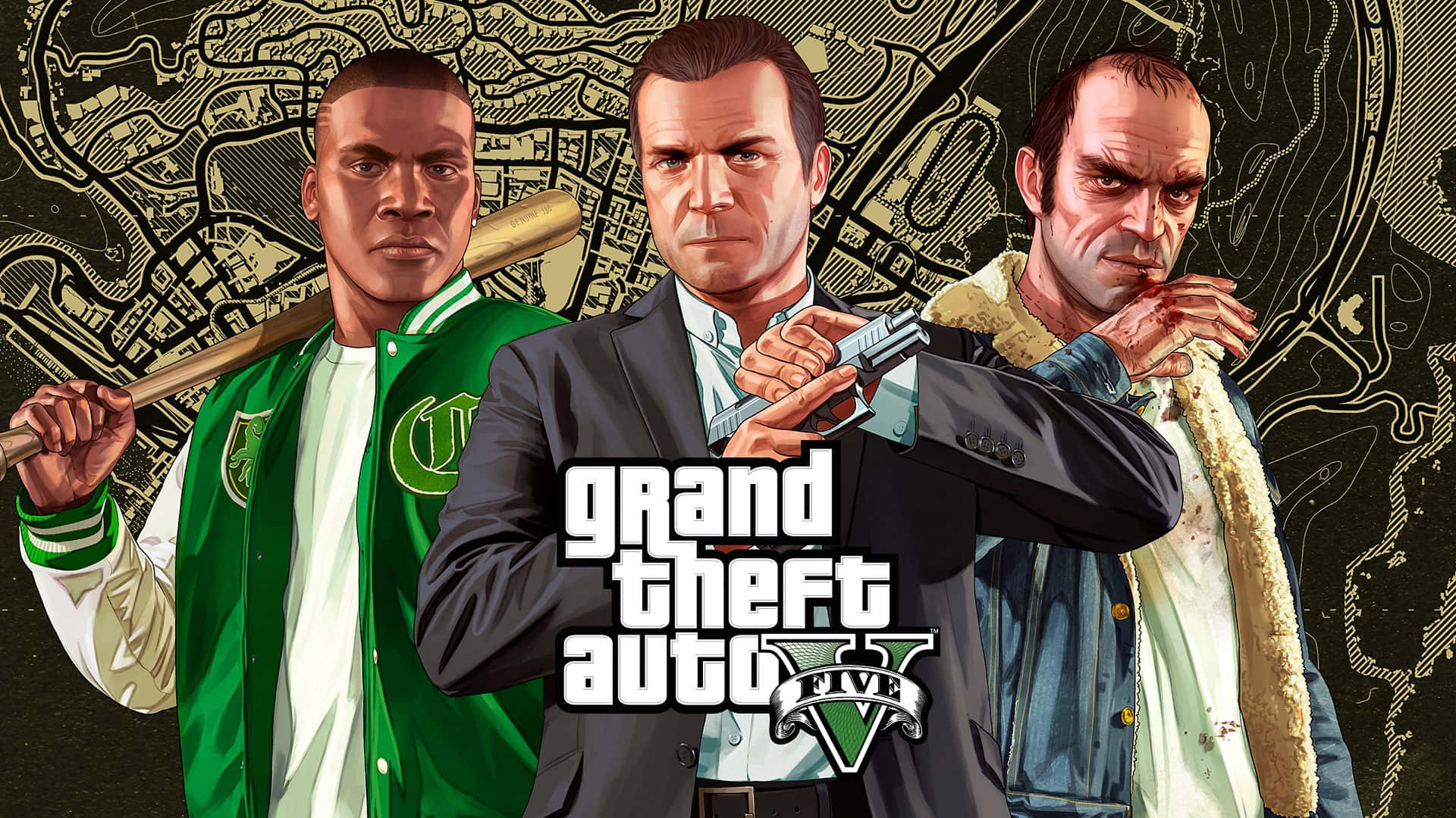 GTA 5 動圖 桌布 壁紙 — 三個粗獷的GTA V角色挑釁地站在風格化的地圖背景前，每個都武裝且激烈。