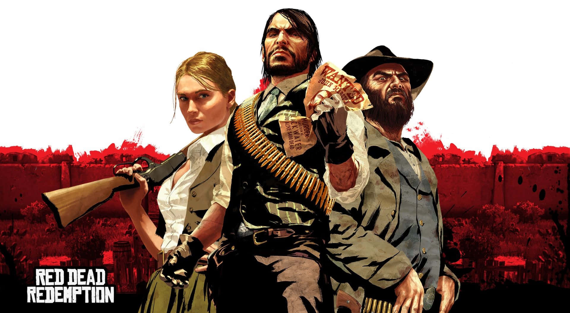 Rdr 桌布 壁紙 — 三個粗獷的牛仔在西部場景中，手持武器和金錢，背景是血紅色。