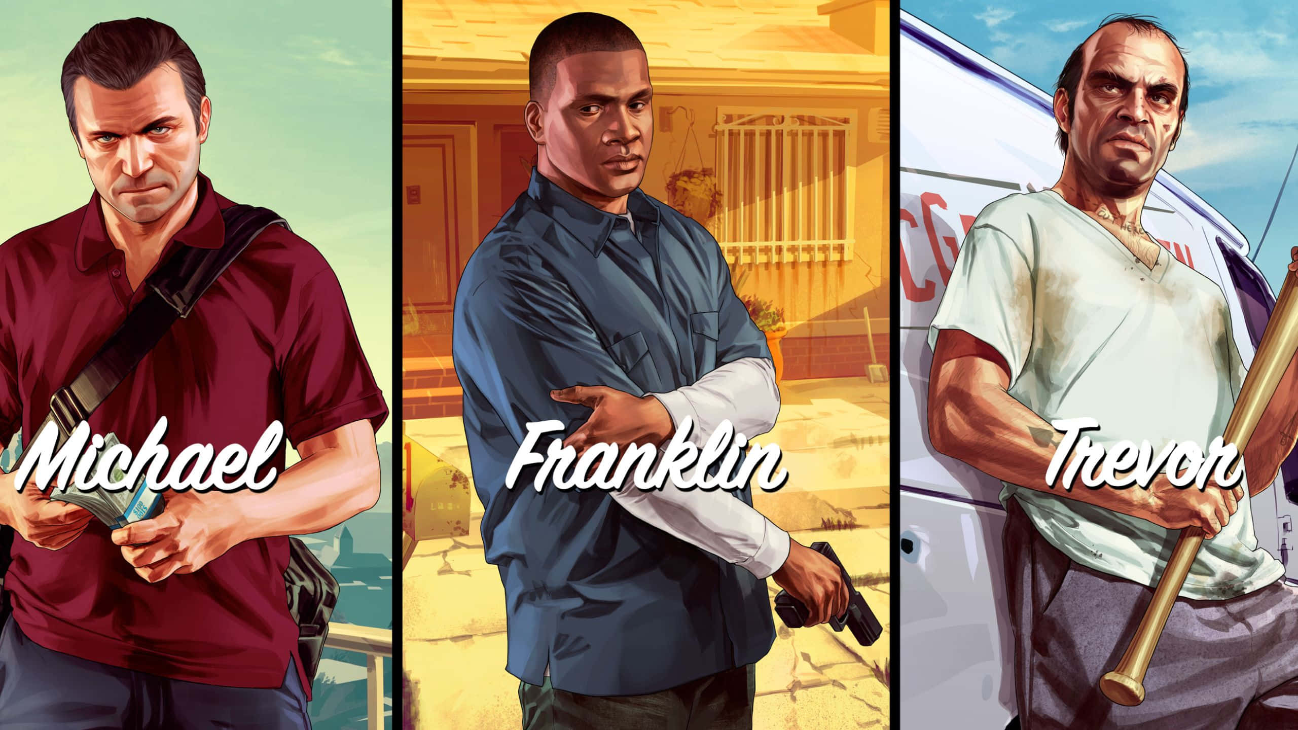 Grand Theft Auto V 桌布 壁紙 — 三個粗獷的電子遊戲主角分別站在不同的面板中，每人手持武器，表情強烈。