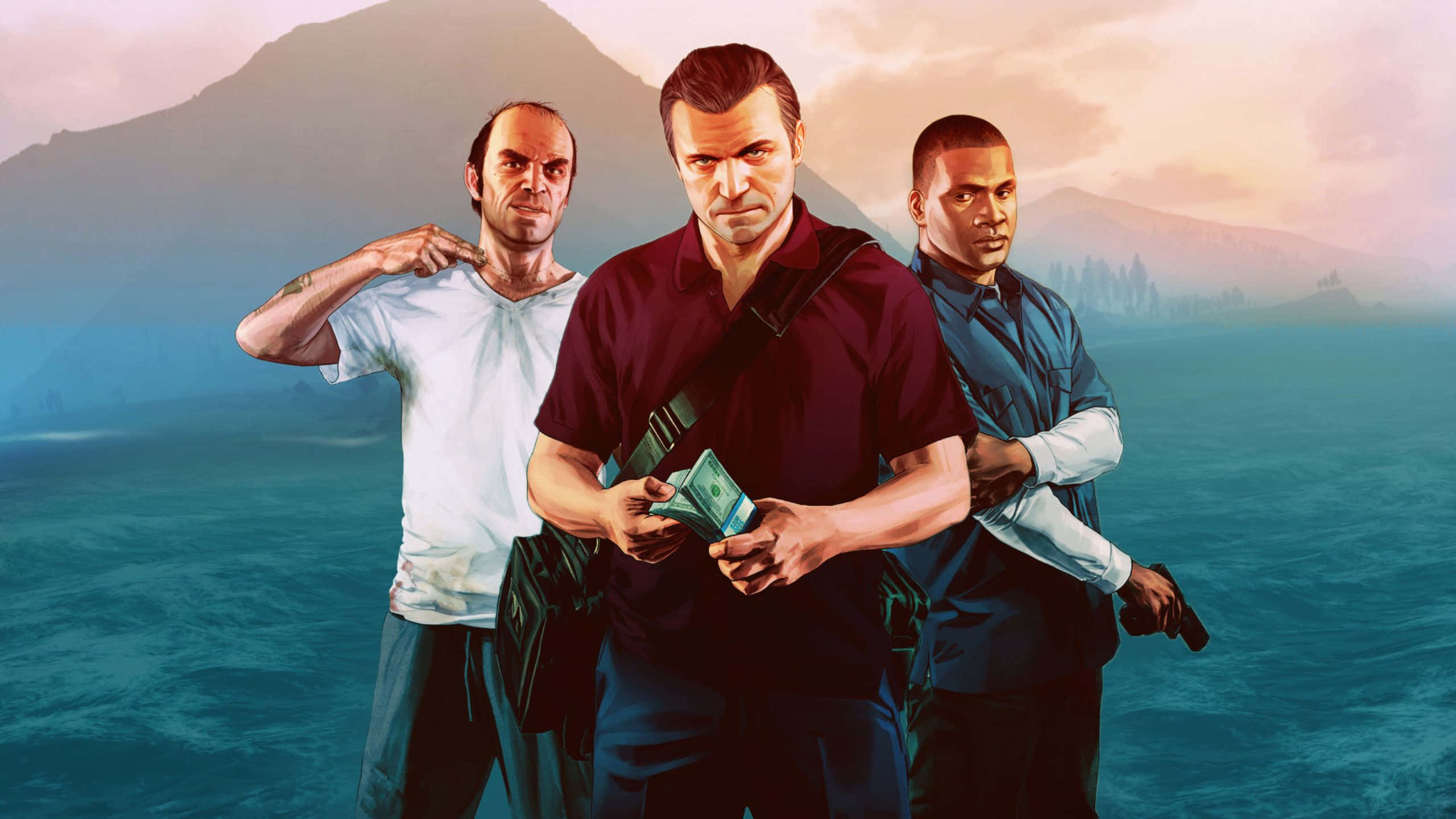 Grand Theft Auto V 桌布 壁紙 — 三個粗獷的電子遊戲角色在朦朧的山景背景下，挑釁地站在海邊，手持現金和槍支。