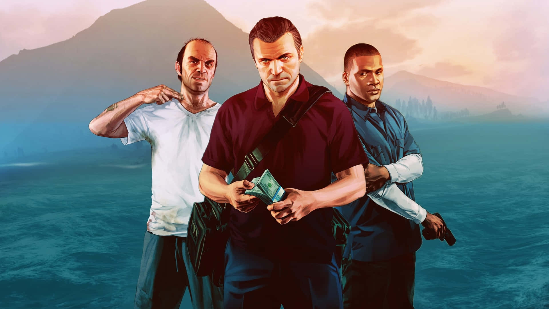 三個武裝男子在黃昏時分在海邊手持現金。 — GTA 5 動圖 壁紙