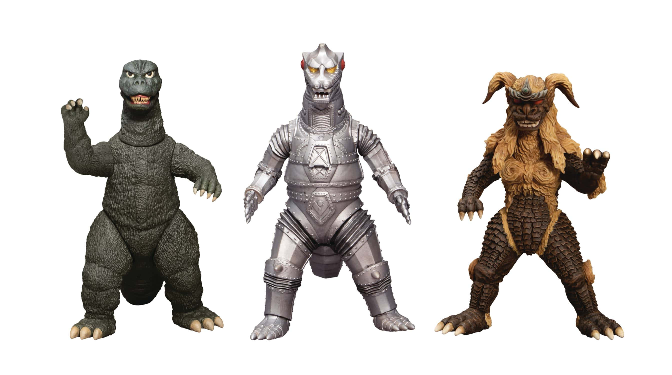 Godzilla Vs King Caesar 桌布 壁紙 — 三個精細的怪物動作人偶並排站立在純白色背景前。