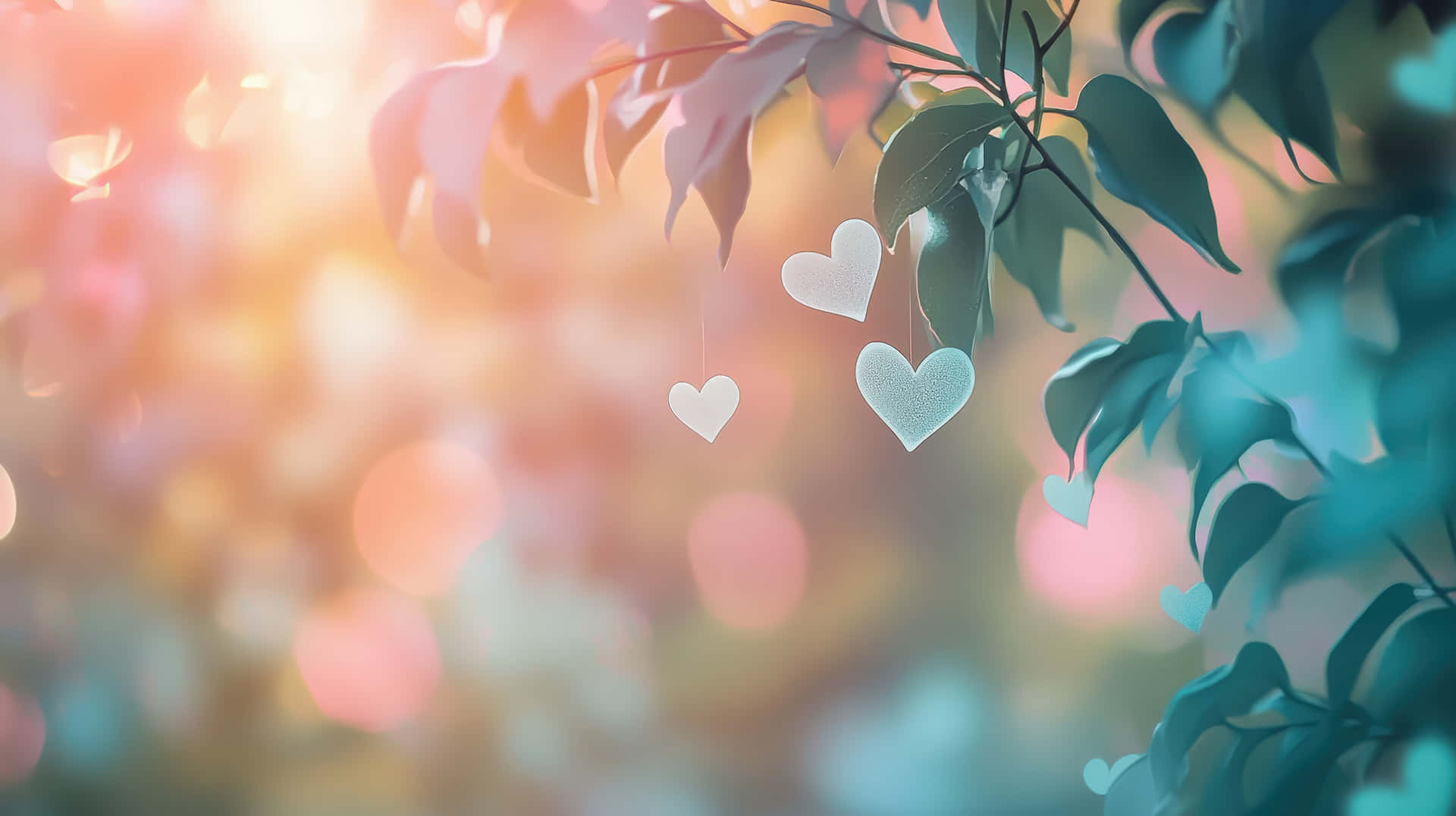 Delicate heart ornaments hang from tree branches against a dreamy, pastel-colored bokeh backgroundnd 壁紙 — 三個精緻的白色心形裝飾品懸掛在茂密的綠葉上，背景是溫暖粉紅色和冷色調藍綠色的夢幻散景效果。