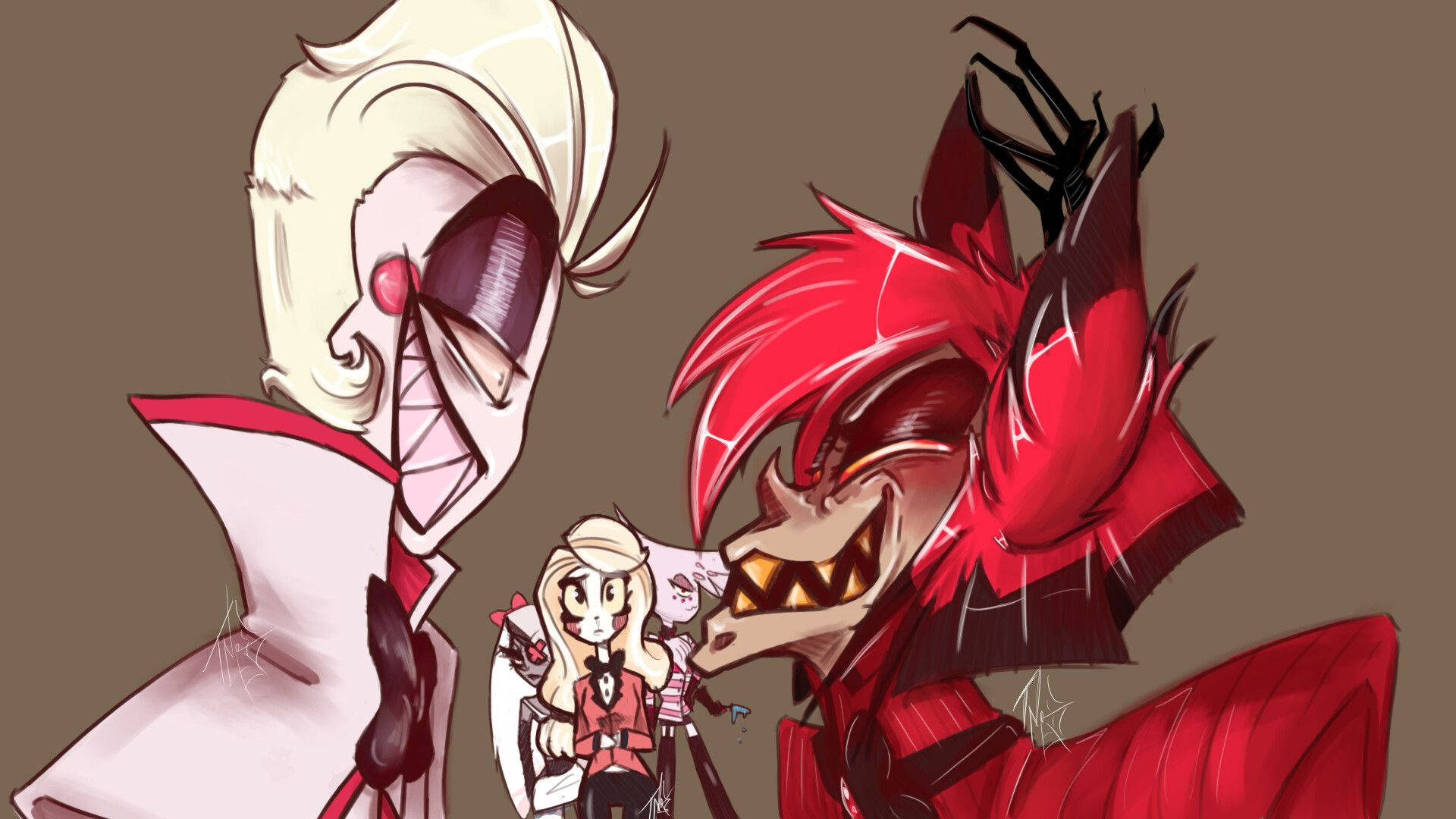 Hazbin Hotel 桌布 壁紙 — 三個紅白頭髮的動漫角色站在棕色背景前，一個咧嘴大笑，另一個表情兇狠。