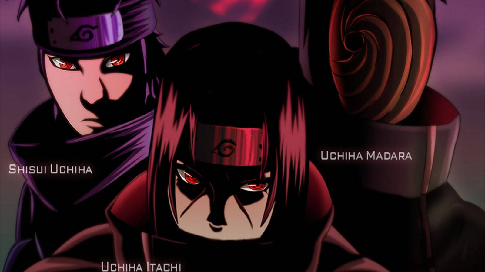 Shisui Uchiha 桌布 壁紙 — 三個紅眼、身穿黑色斗篷的動漫角色站在戲劇性的紫色燈光場景中。