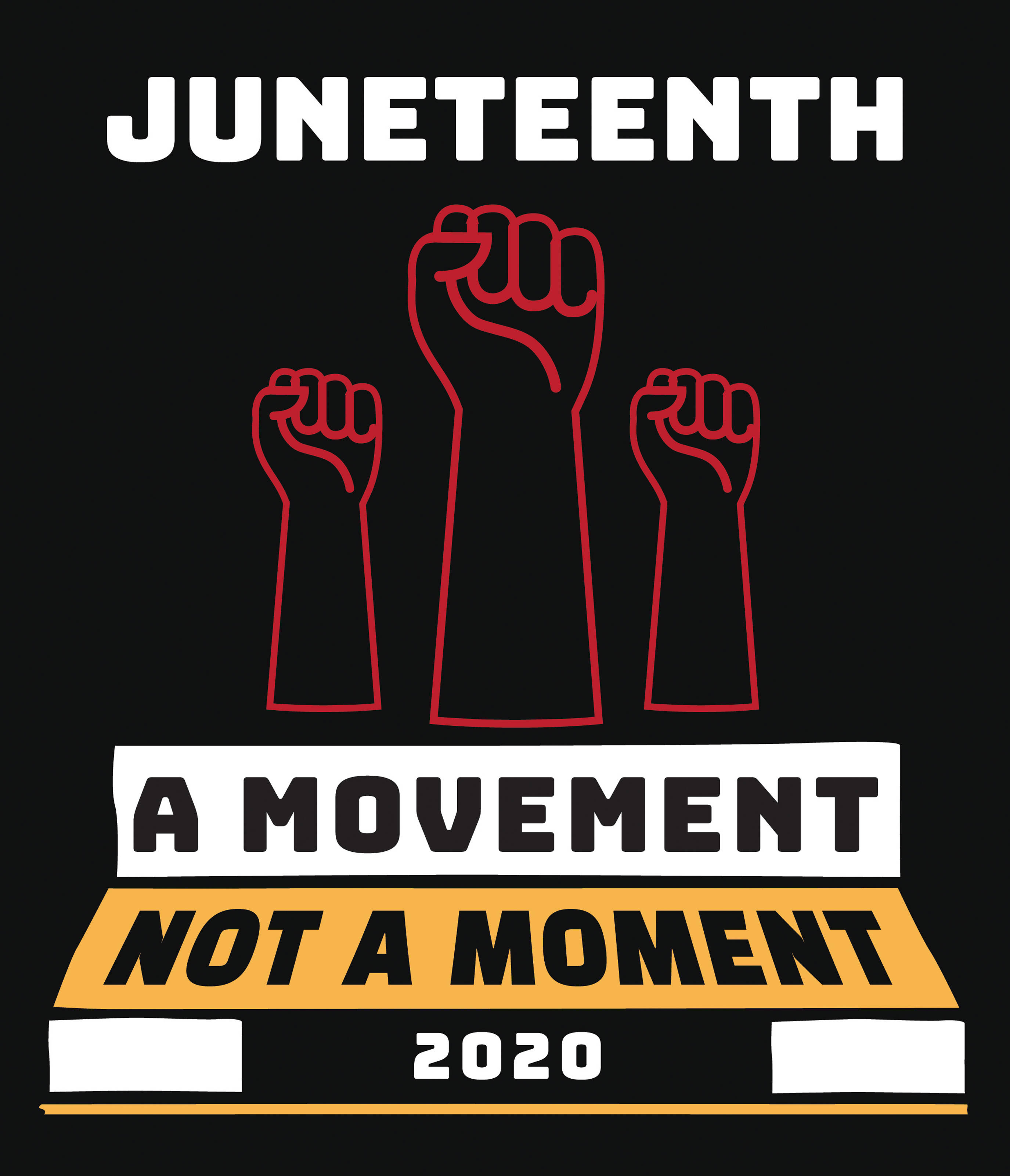 Juneteenth 桌布 壁紙 — 三個紅色輪廓拳頭在黑色背景上大膽舉起，粗體白色和黃色文字宣稱六月節是運動而非2020年的時刻。
