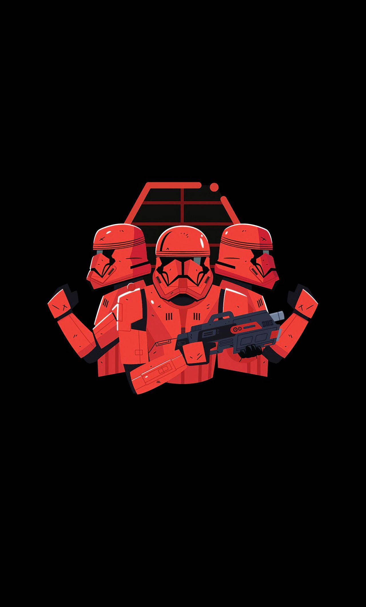 star wars 4K iPhone 桌布 壁紙 — 三個紅色風暴兵以醒目圖形風格，手持爆能槍站在黑色背景前。