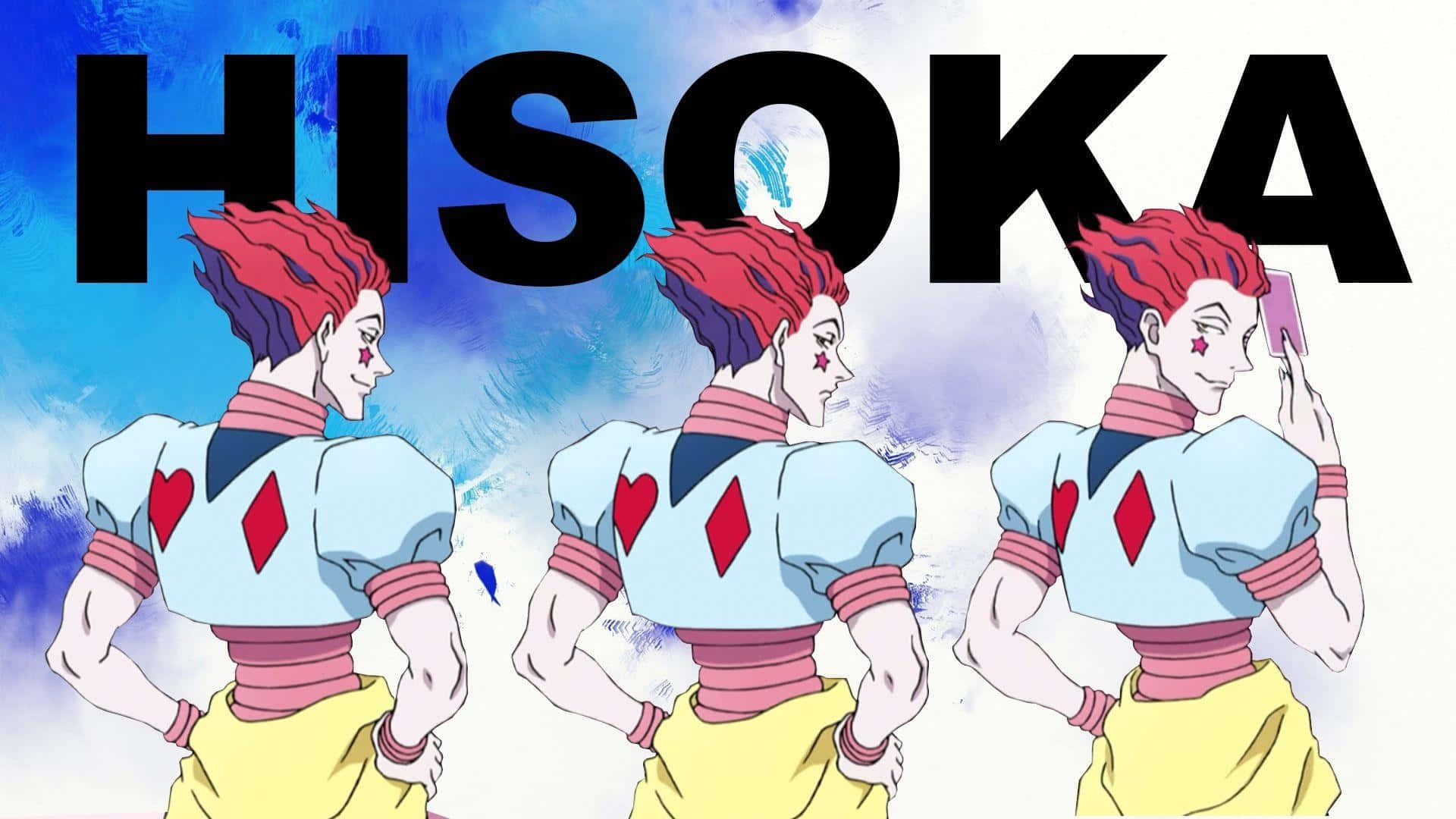 Hisoka Morow 桌布 壁紙 — 三個紅髮、帶有星星刺青的動漫角色，在藍色水彩背景和粗體黑色文字前自信地擺姿勢。