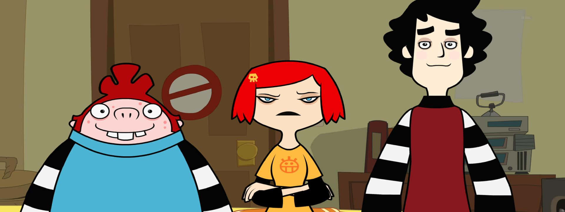 Animated 桌布 壁紙 — 三個紅髮、身穿條紋衫的卡通人物站在一個門上貼有「禁止進入」標誌的房間裡。