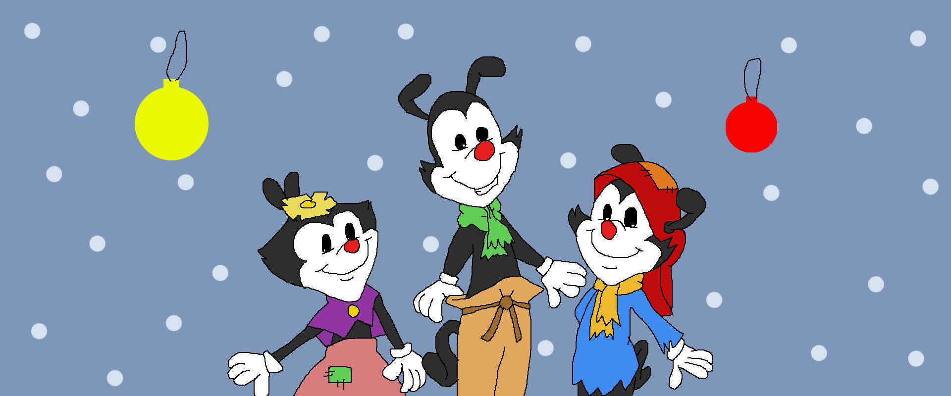 Animaniacs 桌布 壁紙 — 三個紅鼻子的卡通人物，在掛有裝飾品的雪藍色背景前開心地站著。