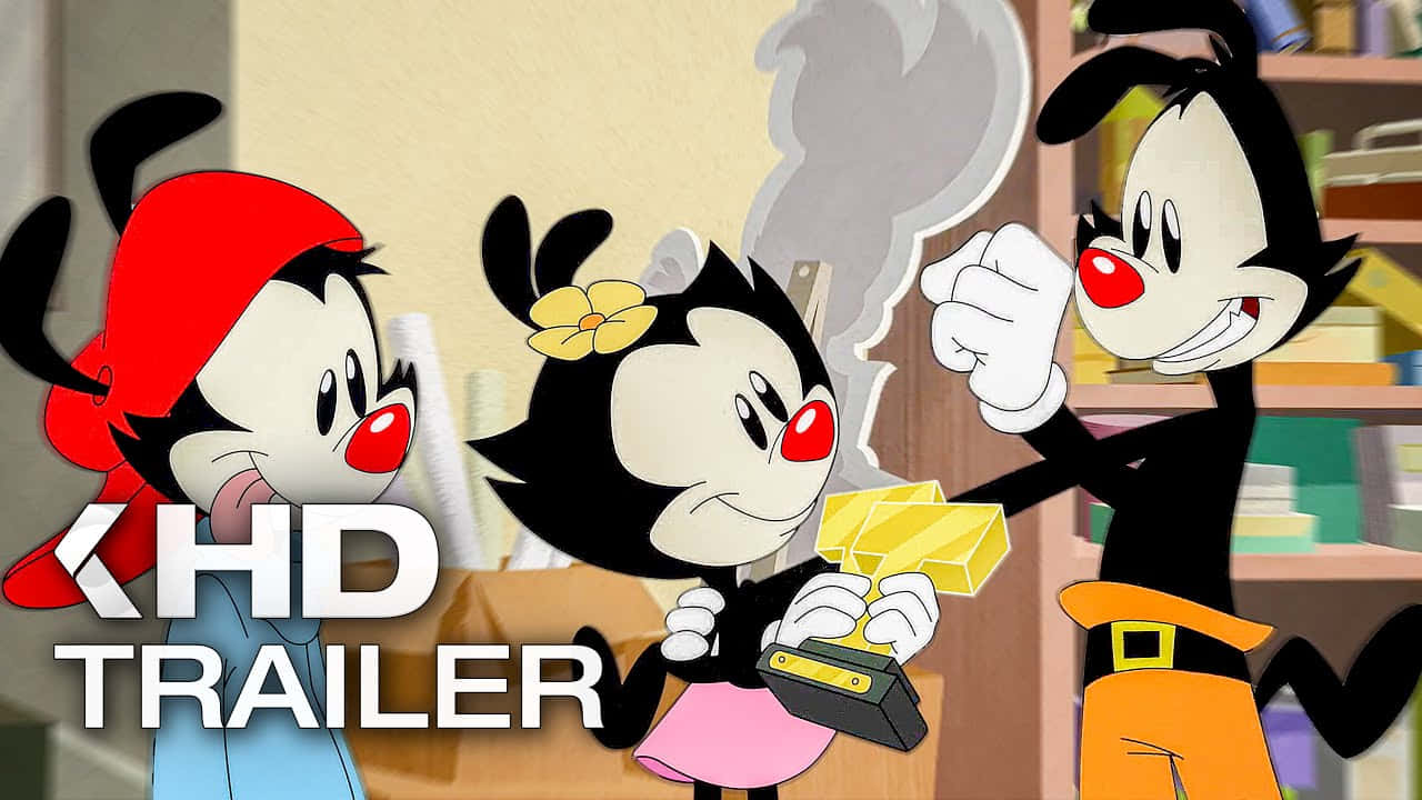 Animaniacs 桌布 壁紙 — 三個紅鼻子的卡通人物在室內慶祝，其中一個拿著獎盃，另一個則舉拳歡呼。