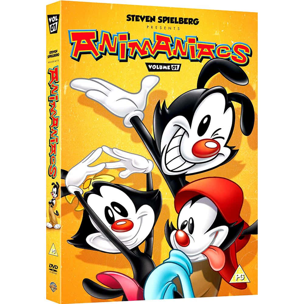 Animaniacs 桌布 壁紙 — 三個紅鼻黑白色毛的卡通角色在明亮的黃色背景前開心地擺姿勢。