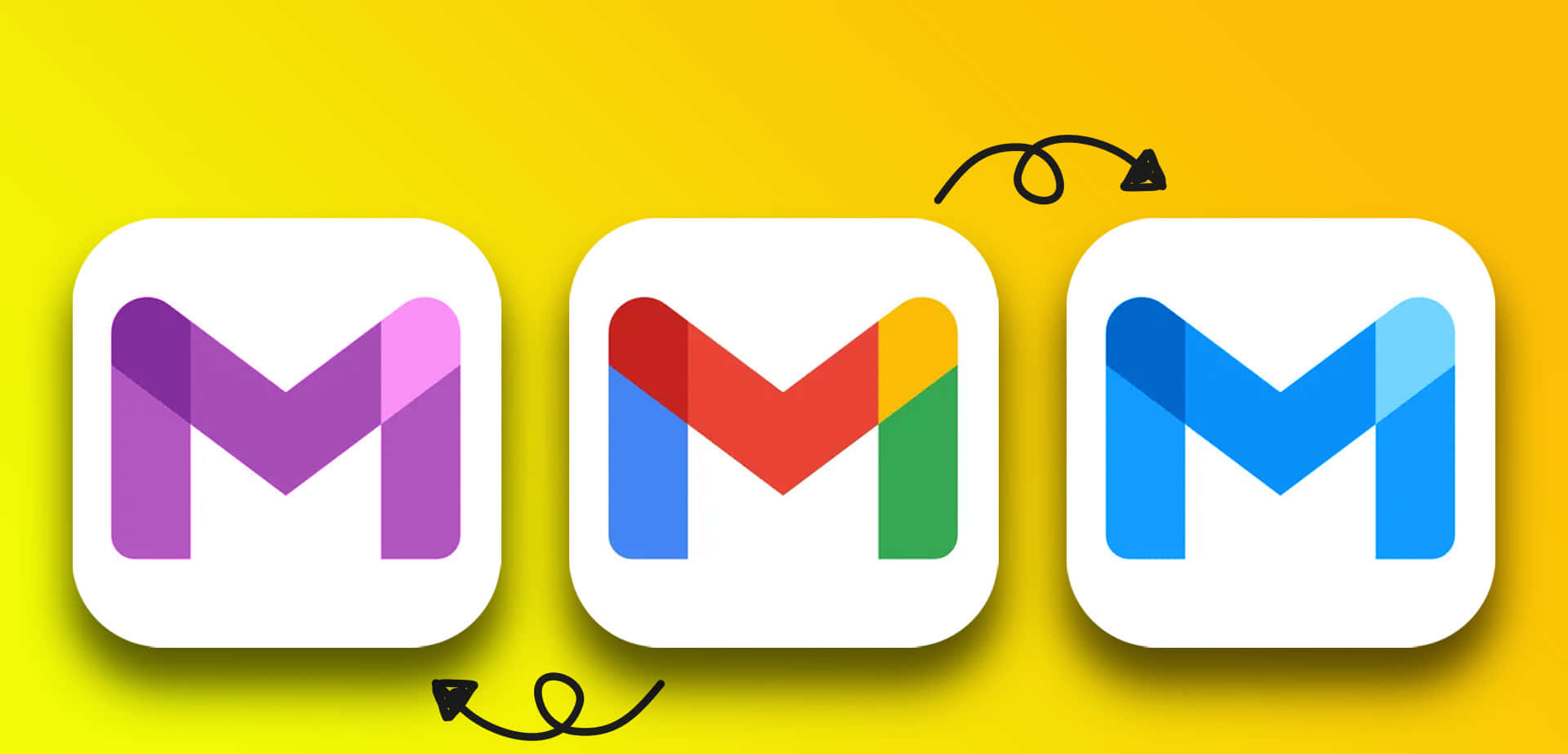 Gmail 動圖 桌布 壁紙 — 三個紫色、紅綠色和藍色的Gmail應用程式圖示，在帶有彎曲箭頭的亮黃色背景上展示演變。