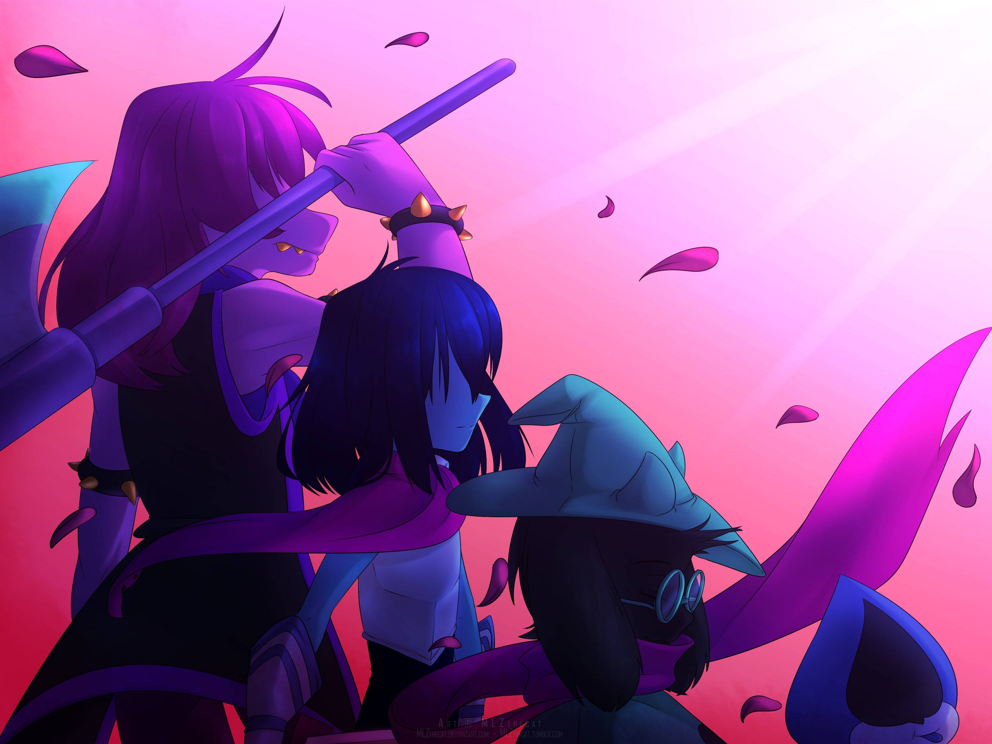 Deltarune 桌布 壁紙 — 三個紫色和粉紅色色調的動漫角色站在一起，漂浮的花瓣襯托著發光的漸變天空。