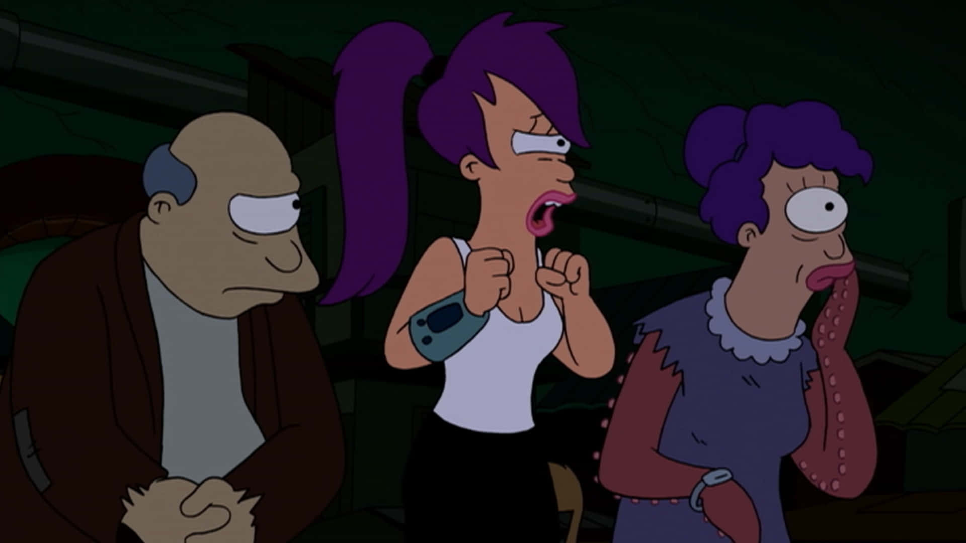 Futurama 桌布 壁紙 — 三個紫色頭髮的動畫角色在昏暗的工業環境中戲劇性地反應。