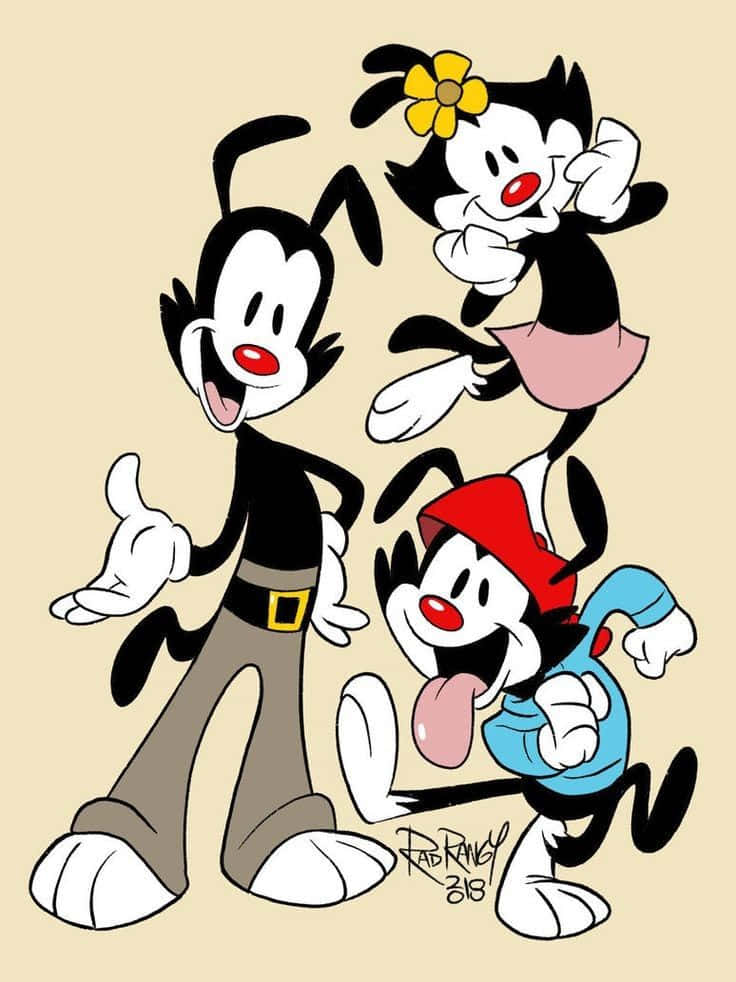 Animaniacs 桌布 壁紙 — 三個經典卡通角色在純米色背景上，以粗黑線條和鮮紅鼻子愉快地擺姿勢。