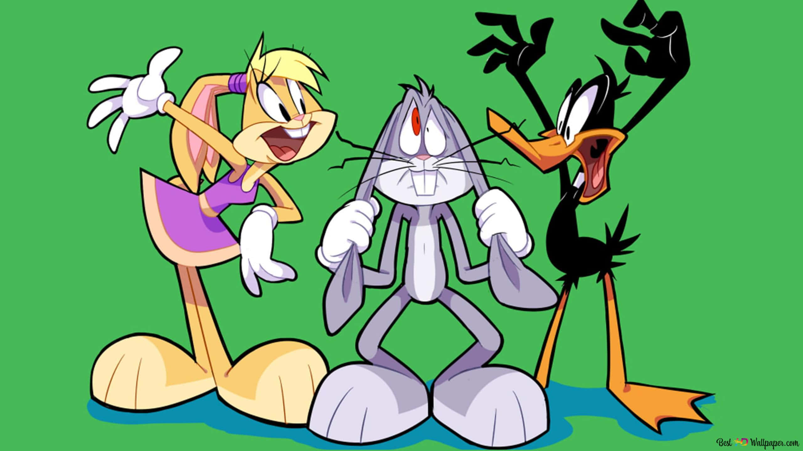 Bugs Bunny Supreme 桌布 壁紙 — 三個經典卡通角色在純綠色背景前以誇張表情充滿活力地擺姿勢。