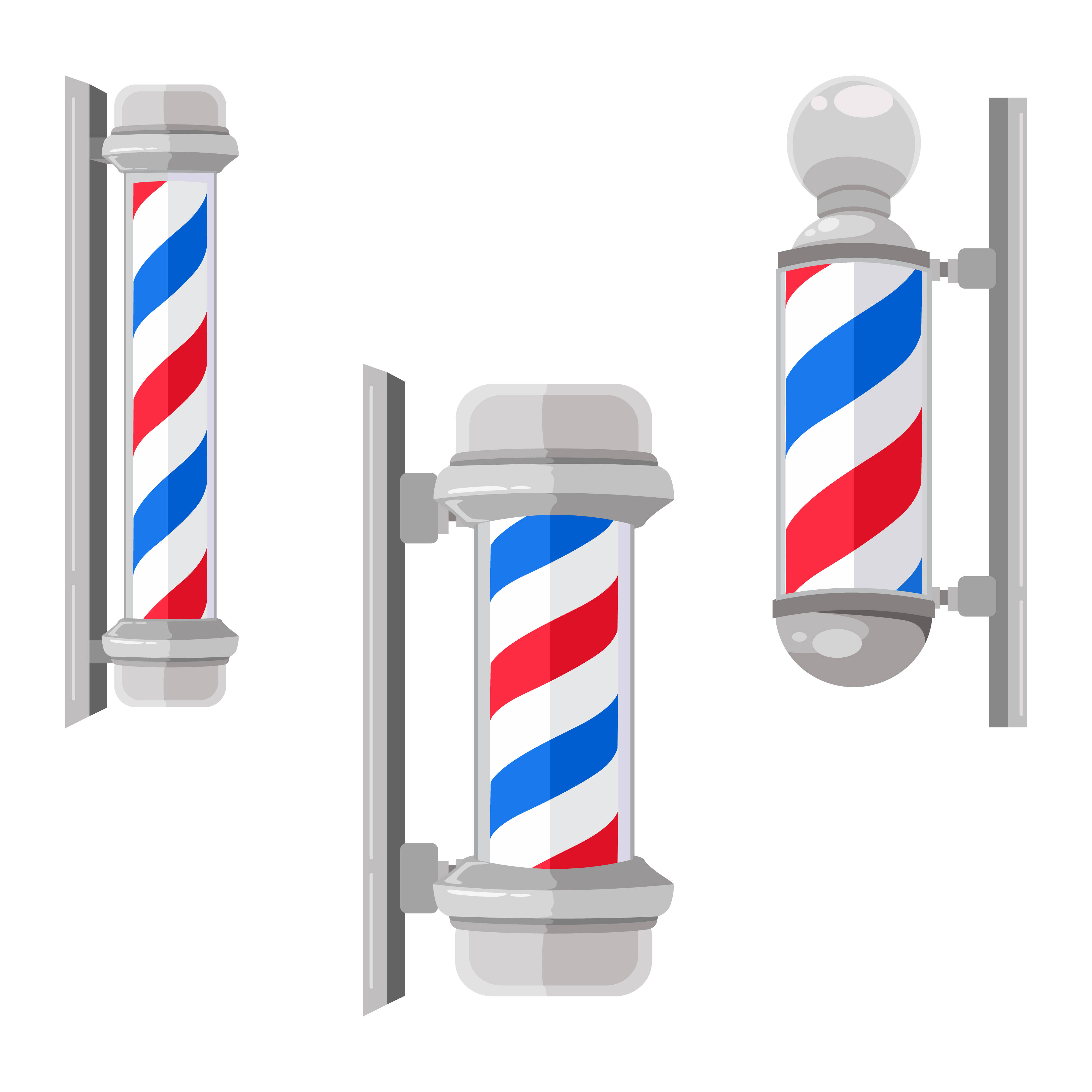 Barber 桌布 壁紙 — 三個經典理髮店標誌，帶有紅、藍、白斜條紋，安裝在灰色支架上，背景為純白色。