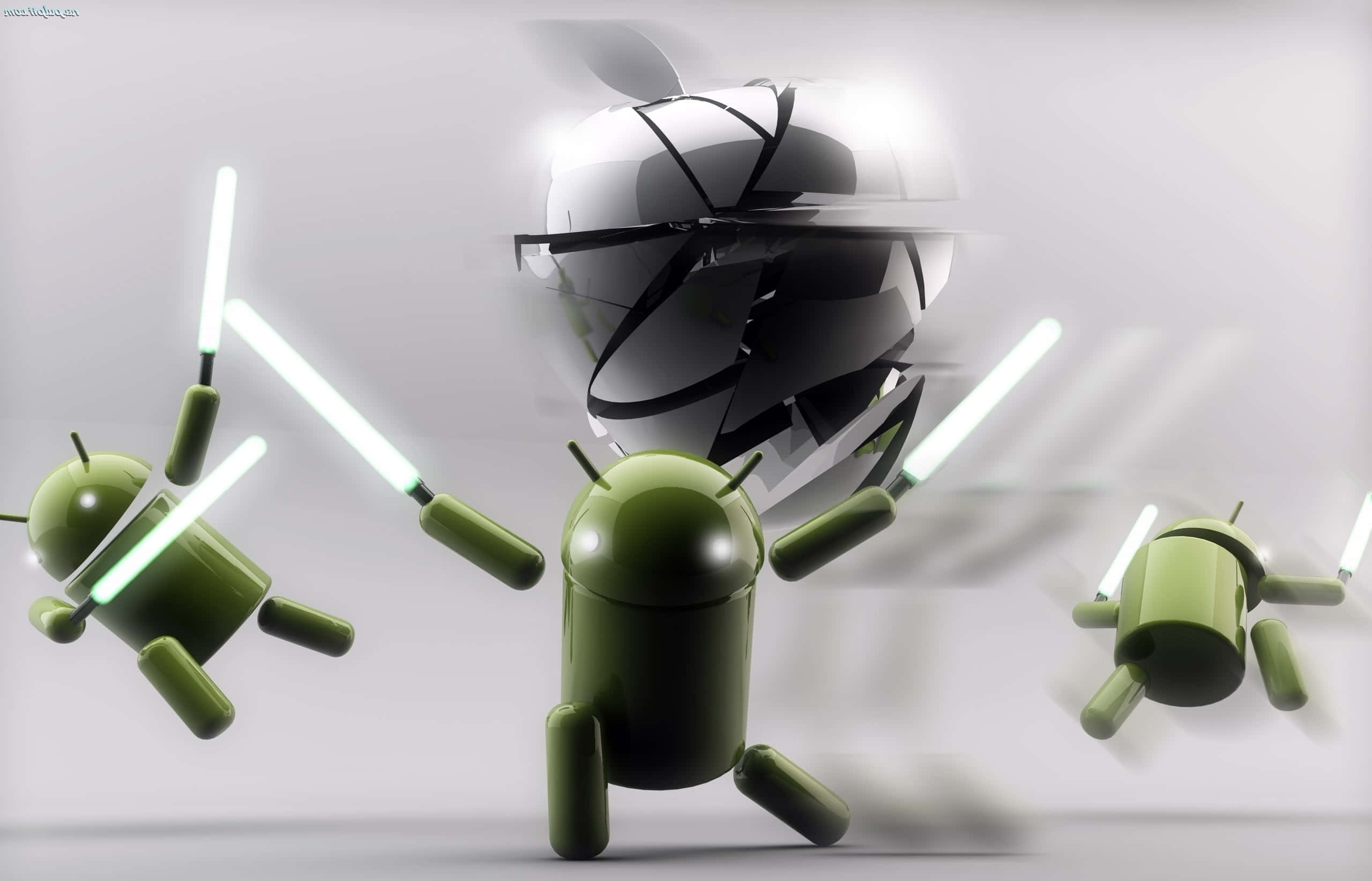 Apple Android 桌布 壁紙 — 三個綠色Android吉祥物用發光光劍對決一個懸浮的黑白頭盔。
