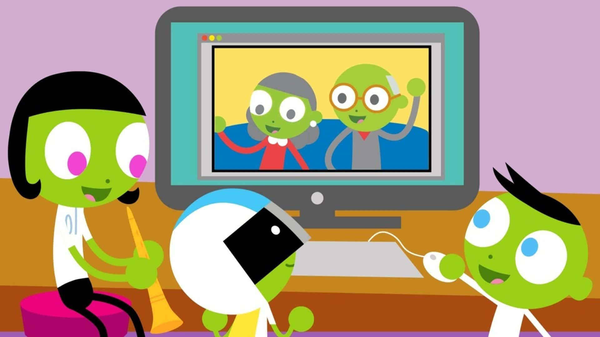pbs kids 桌布 壁紙 — 三個綠色卡通小孩愉快地與顯示兩個微笑外星人角色的電腦螢幕互動。