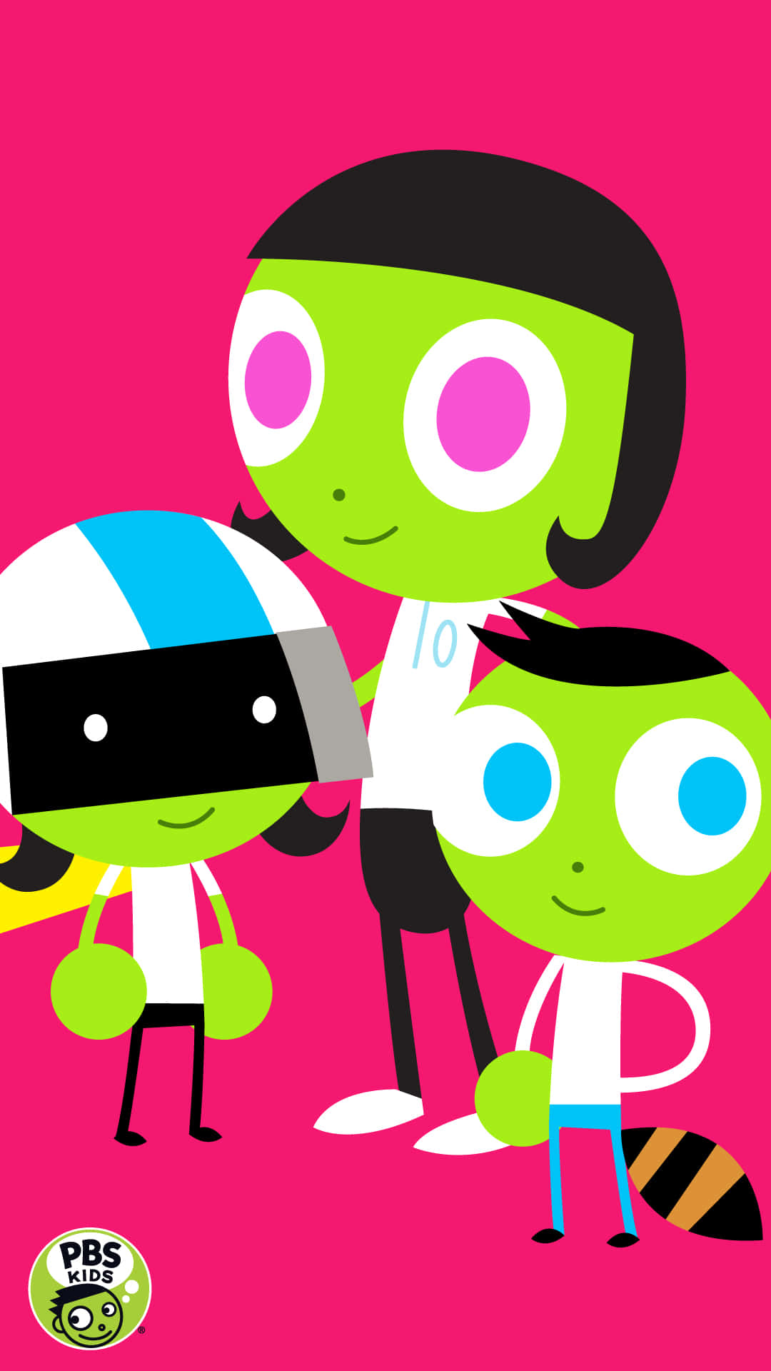 pbs kids 桌布 壁紙 — 三個綠色卡通角色，大眼睛，在亮粉紅色背景前擺出開心的姿勢。
