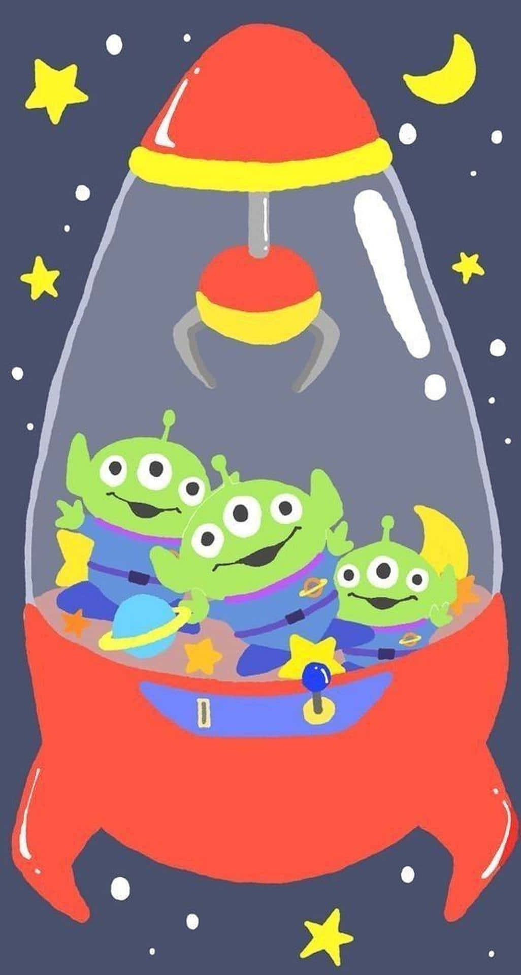 Cartoon Alien 桌布 壁紙 — 三個綠色外星人玩具在紅色夾娃娃機內，背景是有黃色星星和彎月的星空夜空。