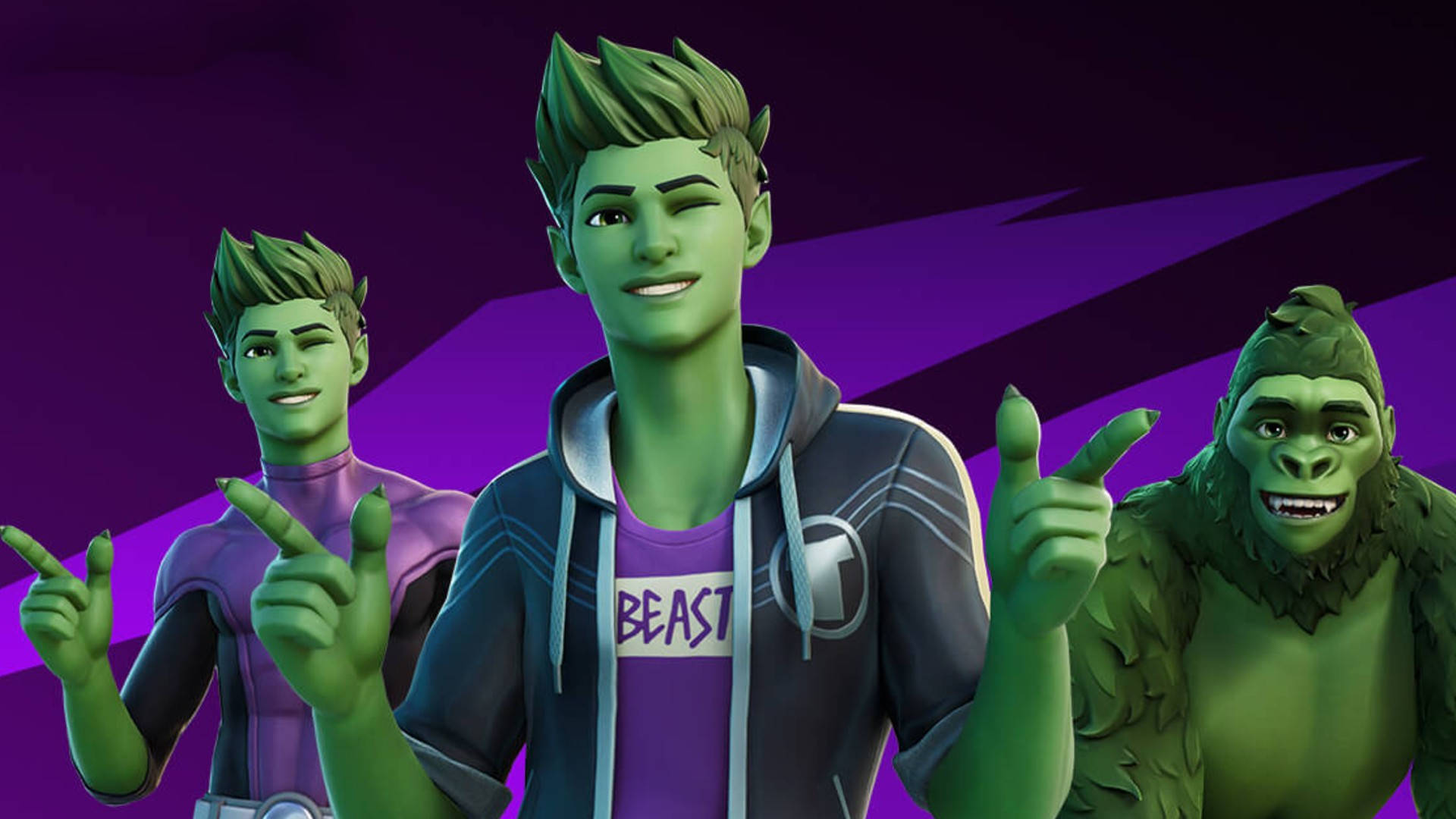 Fortnite 造型 桌布 壁紙 — 三個綠色皮膚、紫色點綴的Fortnite角色在充滿活力的紫色背景前自信地擺姿勢。