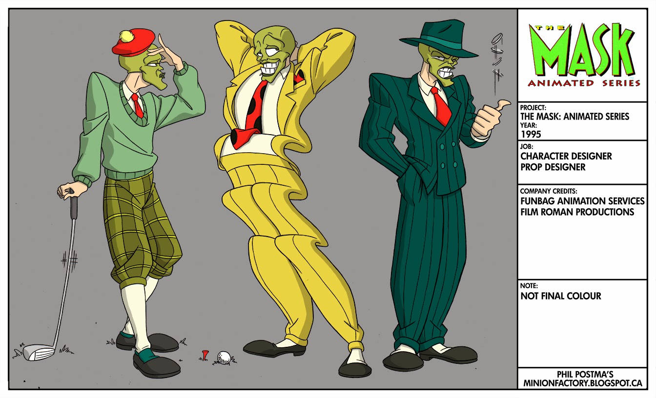 Cartoon 桌布 壁紙 — 三個綠色皮膚的動畫角色穿著西裝和高爾夫裝備，在純灰色背景前動態擺姿勢。