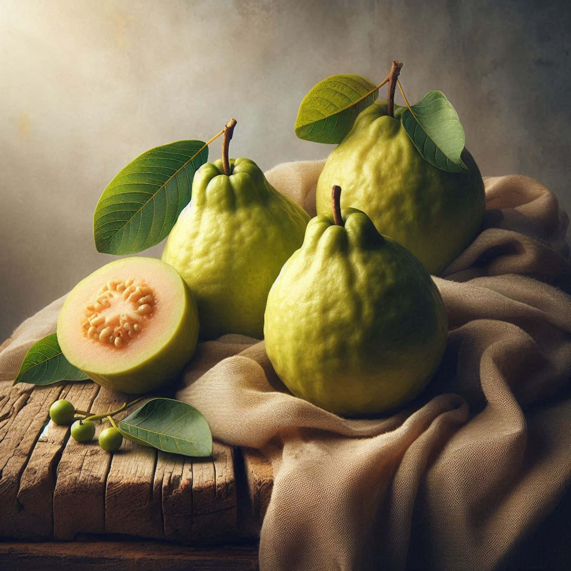 Illustration of guavas 壁紙 — 三個綠色芭樂連葉子放在米色布上，置於木質表面，其中一個切開露出粉紅色果肉和種子。