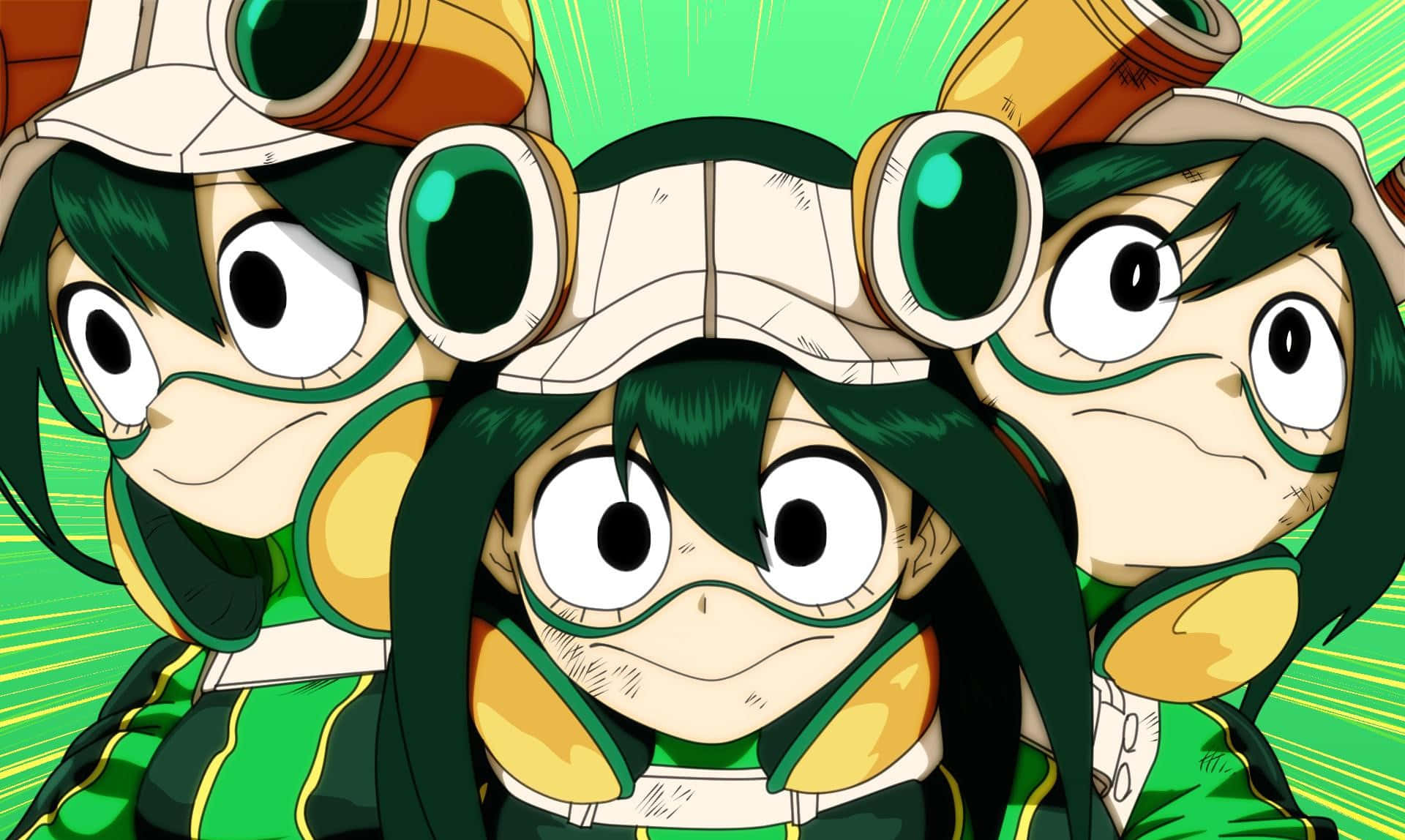 Froppy 桌布 壁紙 — 三個綠色頭髮、戴著護目鏡的動漫角色，在充滿活力的綠色放射背景前凝視著。