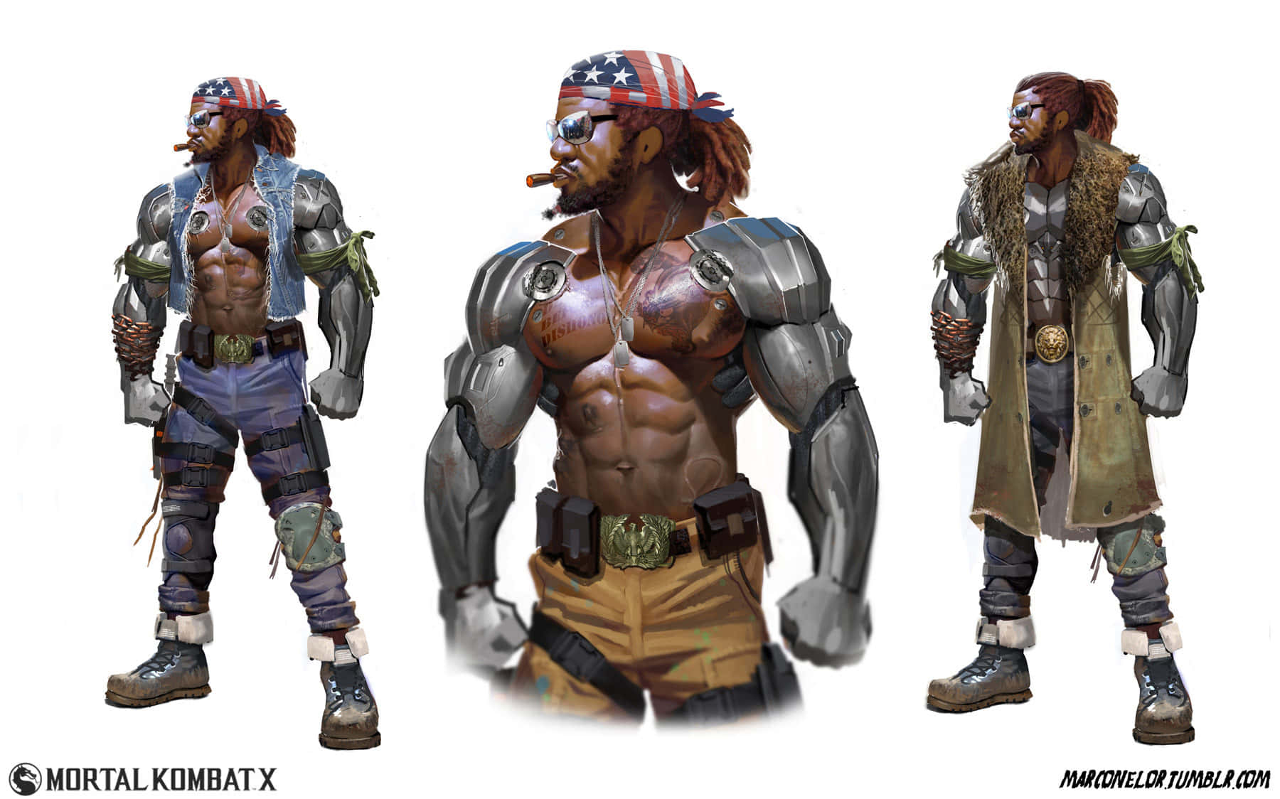 Mortal Kombat Jax 桌布 壁紙 — 三個肌肉發達的戰士角色，身穿精細盔甲和愛國頭飾，在純白色背景前自信地擺姿勢。