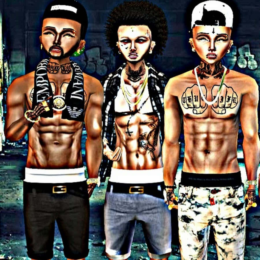 imvu 桌布 壁紙 — 三個肌肉發達的數位渲染男人，帶有刺青和街頭服飾，自信地站在一個被塗鴉覆蓋的城市牆壁前。