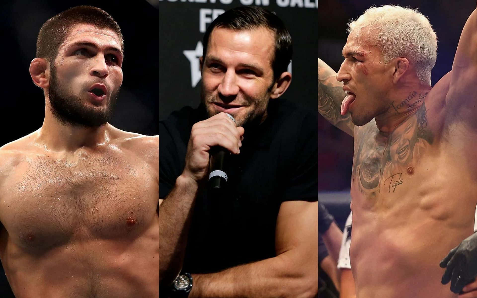 UFC 桌布 壁紙 — 三個肌肉發達的男性戰士在分屏蒙太奇中展示強烈的表情和紋身。