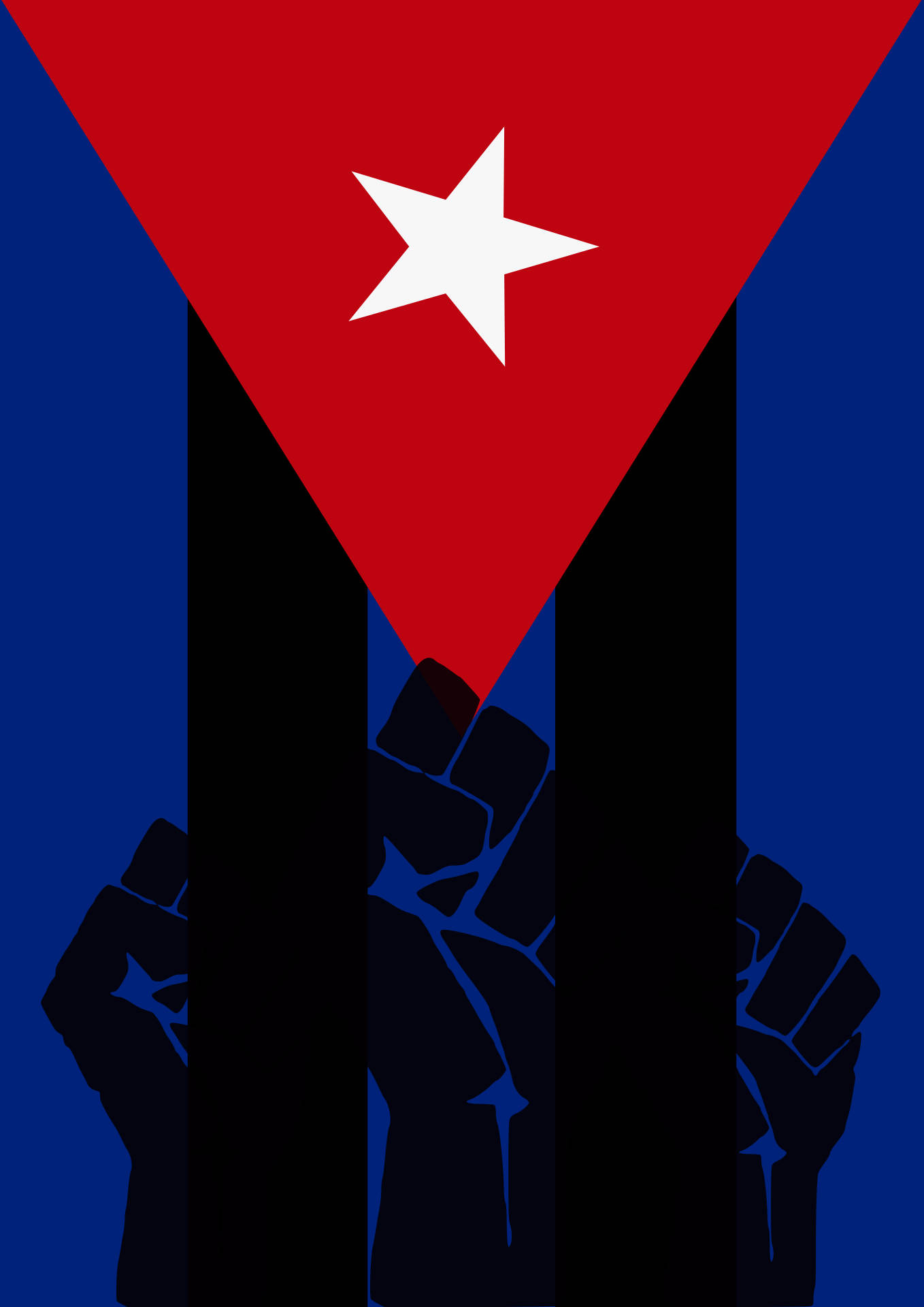 Cuban 桌布 壁紙 — 三個舉起的拳頭剪影，在鮮明的藍色背景上高舉古巴國旗。