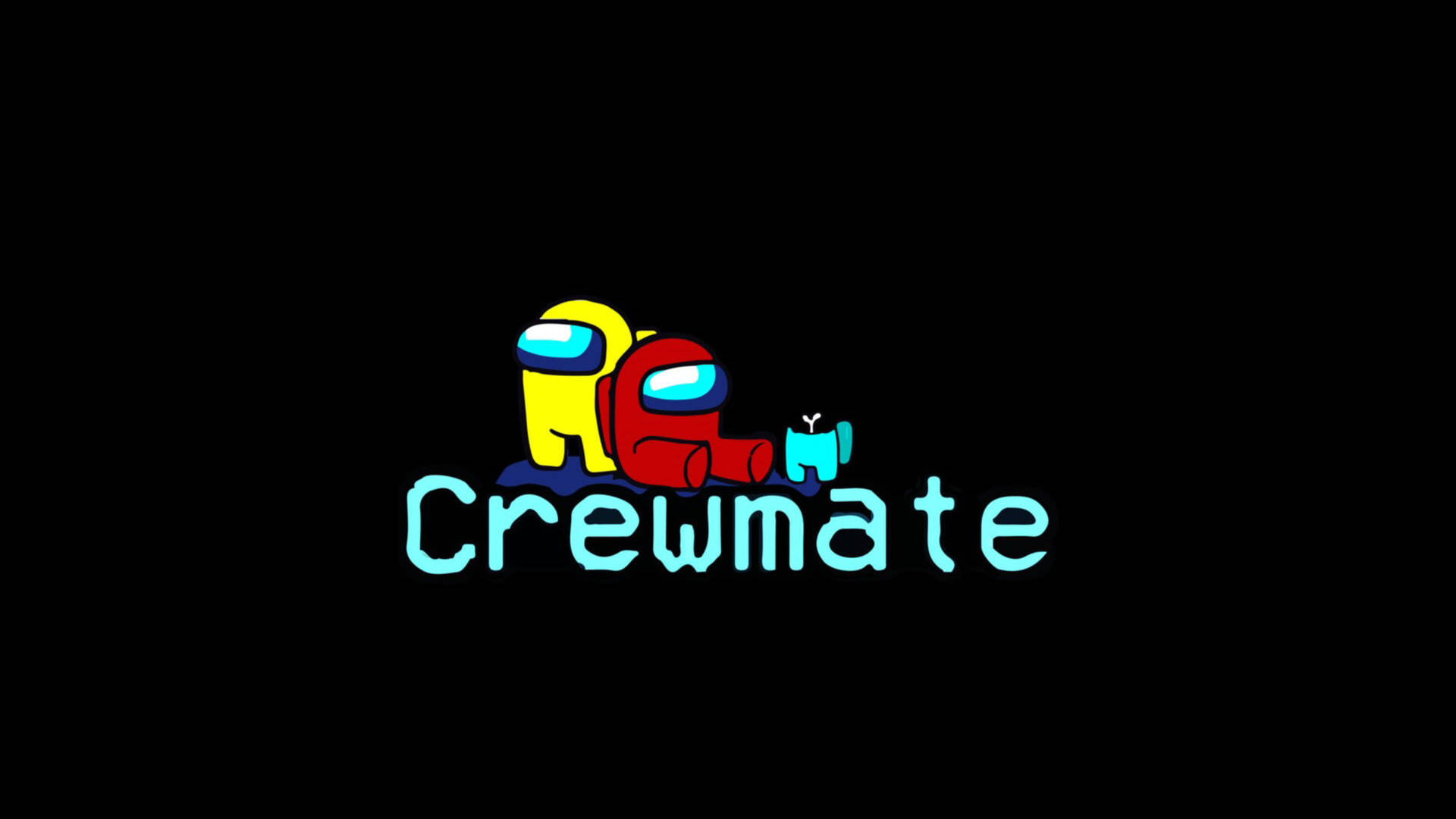 三個 Among Us 角色穿著太空衣，眼睛發光，黑色背景上有青色文字寫著 'Crewmate'。 — Among US 壁紙