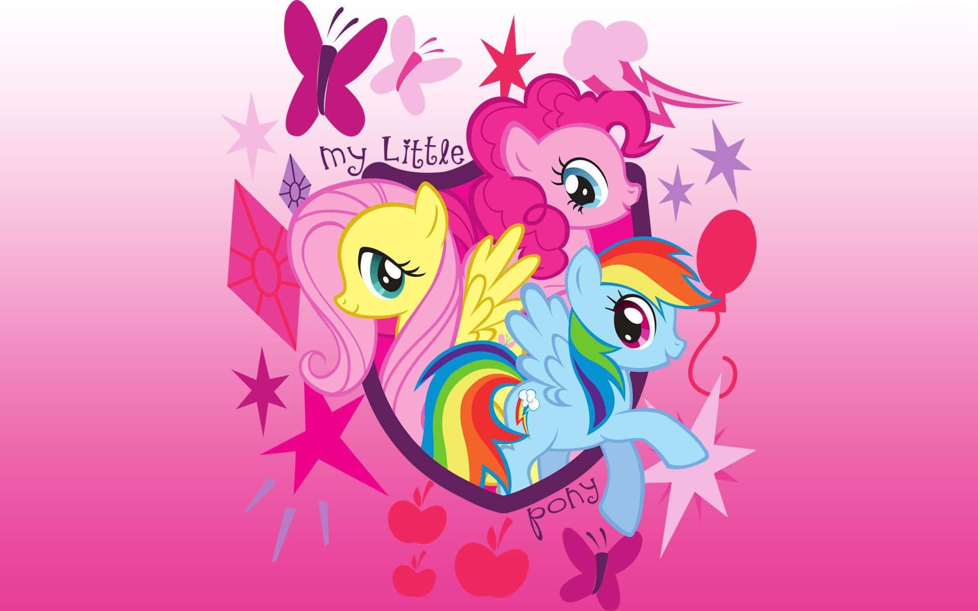 pony 桌布 壁紙 — 三個色彩繽紛的 My Little Pony 角色，被星星、蝴蝶和蘋果環繞，背景為粉紅色漸層。