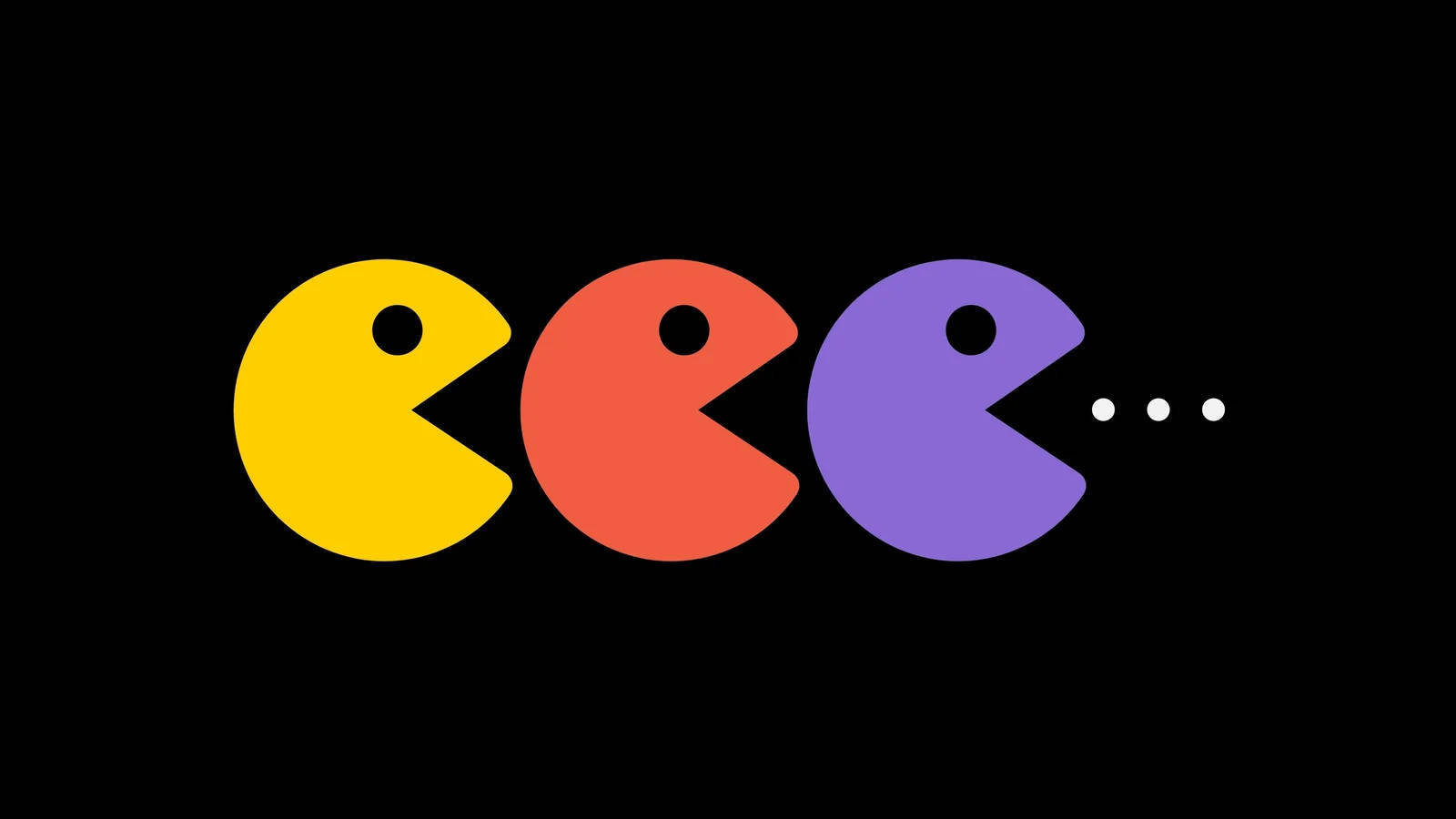 Pacman 桌布 壁紙 — 三個色彩繽紛的 Pac-Man 角色，分別為黃色、紅色和紫色，在黑色背景上向左行進，帶有尾隨的點點。