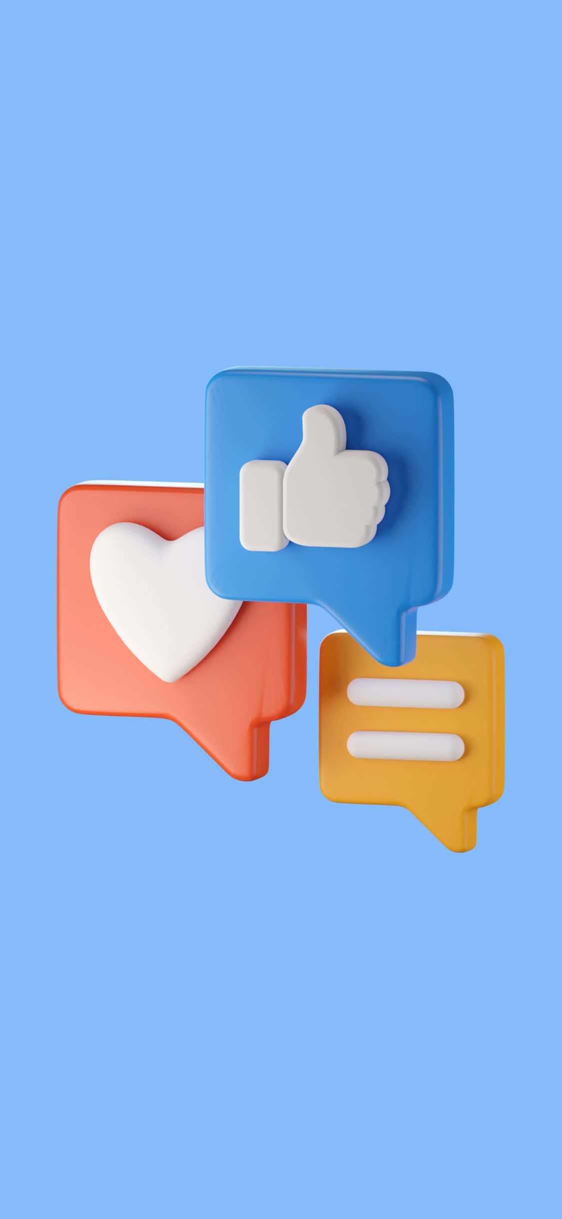 iPhone X Social 桌布 壁紙 — 三個色彩繽紛的3D渲染社交媒體圖示漂浮在純藍色背景上。