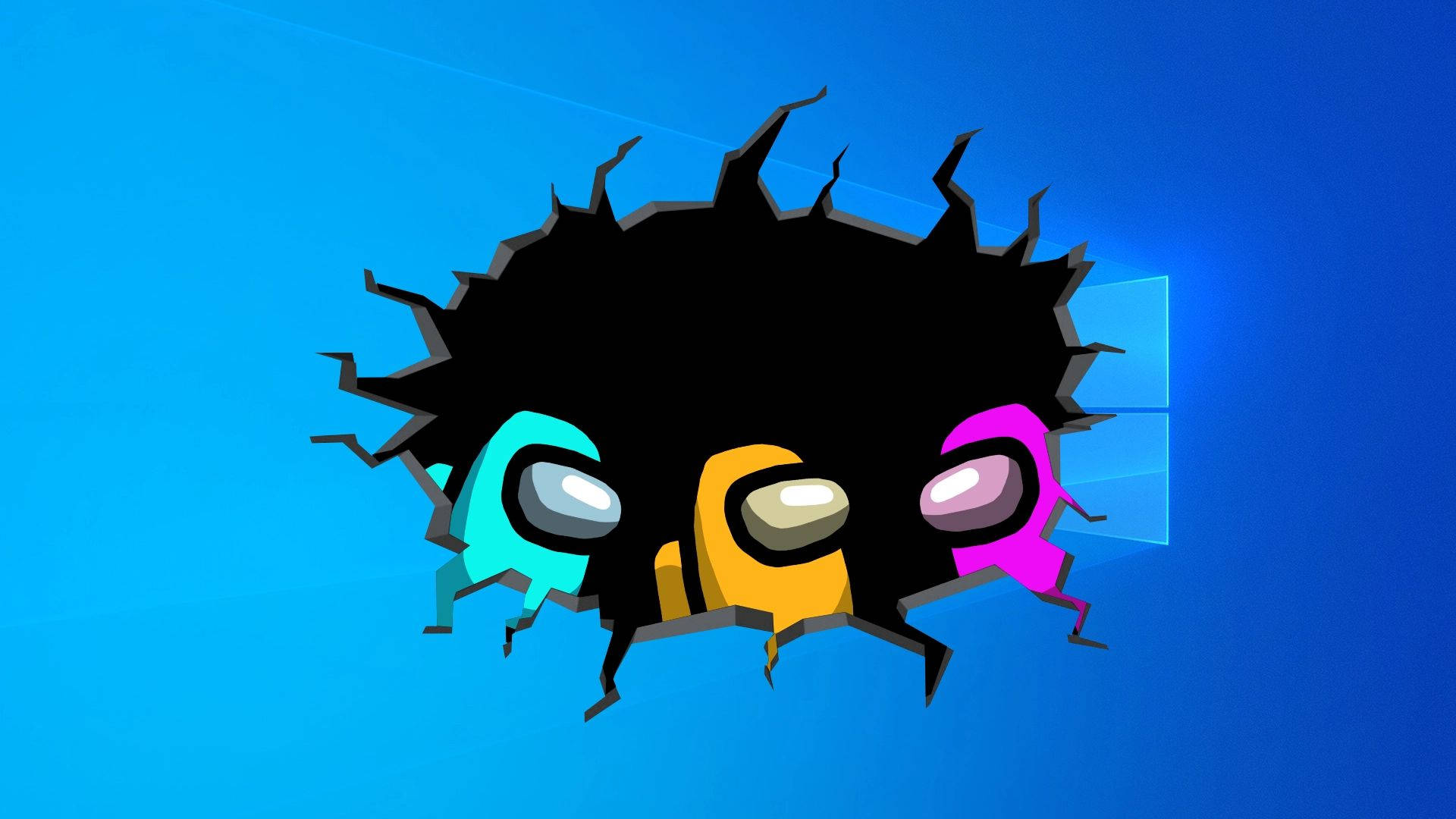 game 桌布 壁紙 — 三個色彩繽紛的Among Us船員從藍色牆壁上一個鋸齒狀的洞中衝出，背後可見Windows標誌。