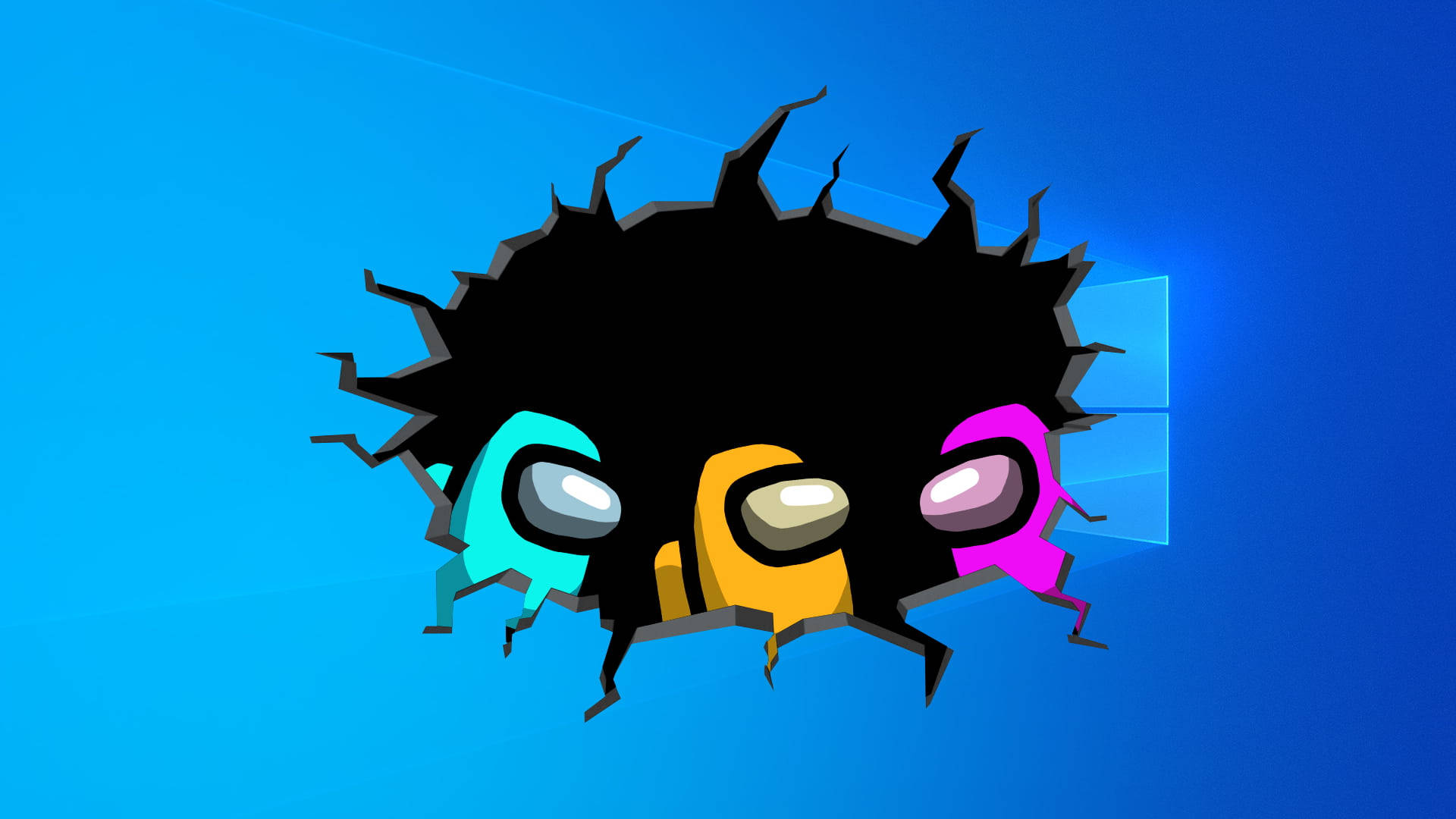 US 桌布 壁紙 — 三個色彩繽紛的Among Us船員從藍色Windows 11背景中的鋸齒狀洞口衝出。