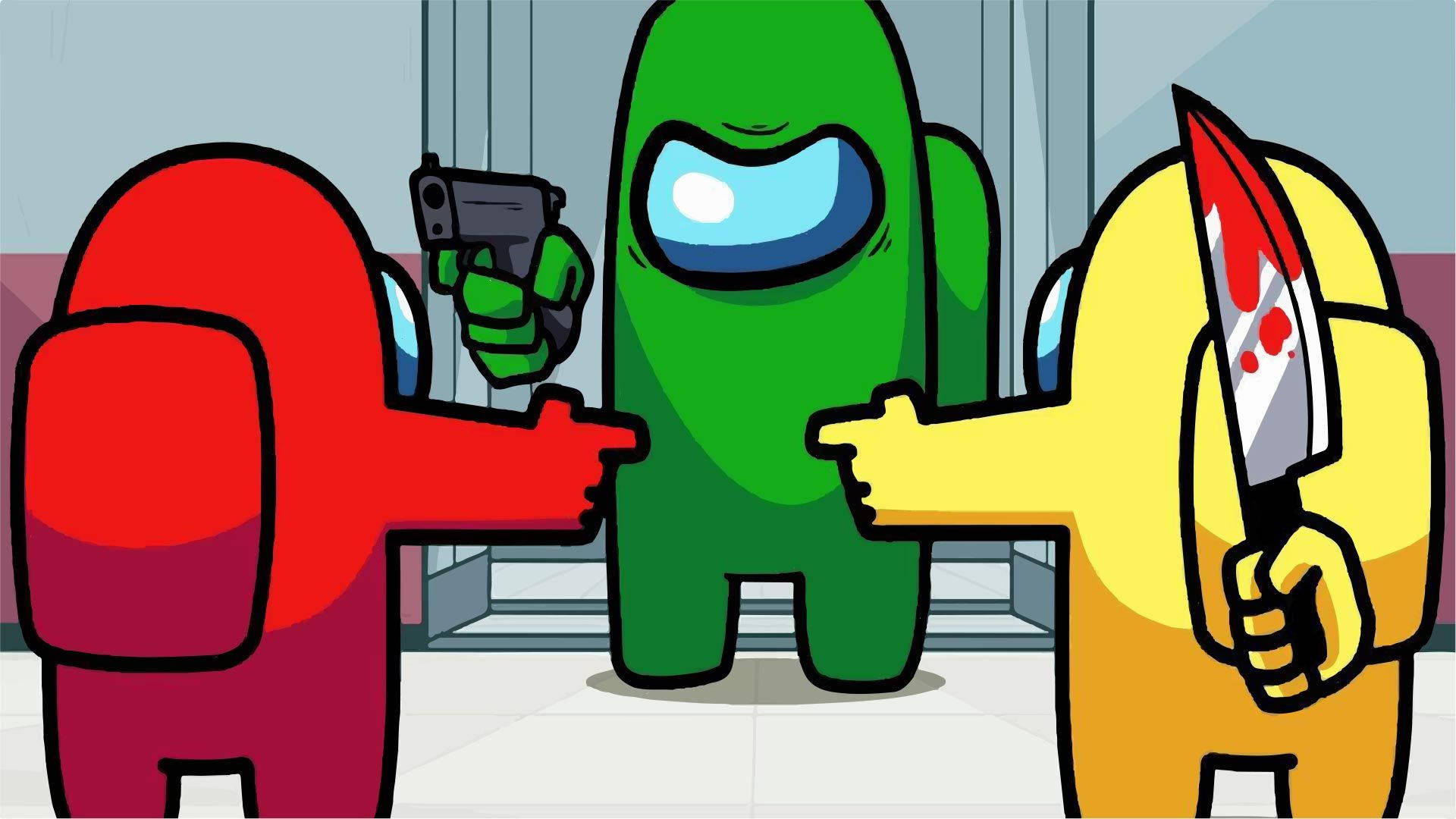 game 桌布 壁紙 — 三個色彩繽紛的Among Us角色在緊張的對峙中互相對抗，手持槍和血淋淋的刀。