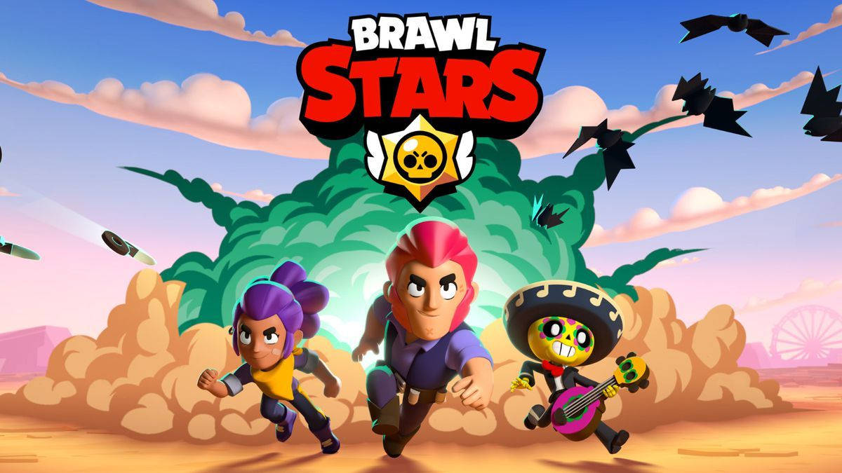 荒野亂鬥 桌布 壁紙 — 三個色彩繽紛的Brawl Stars角色在沙漠戰場上奔跑，天空是充滿活力的日落，有飛翔的蝙蝠和爆炸。