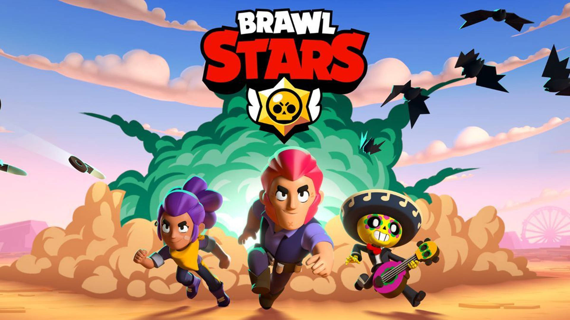 三個動畫Brawl Stars角色在沙漠中奔跑，伴有蝙蝠和爆炸。 — 荒野亂鬥 GIF 壁紙