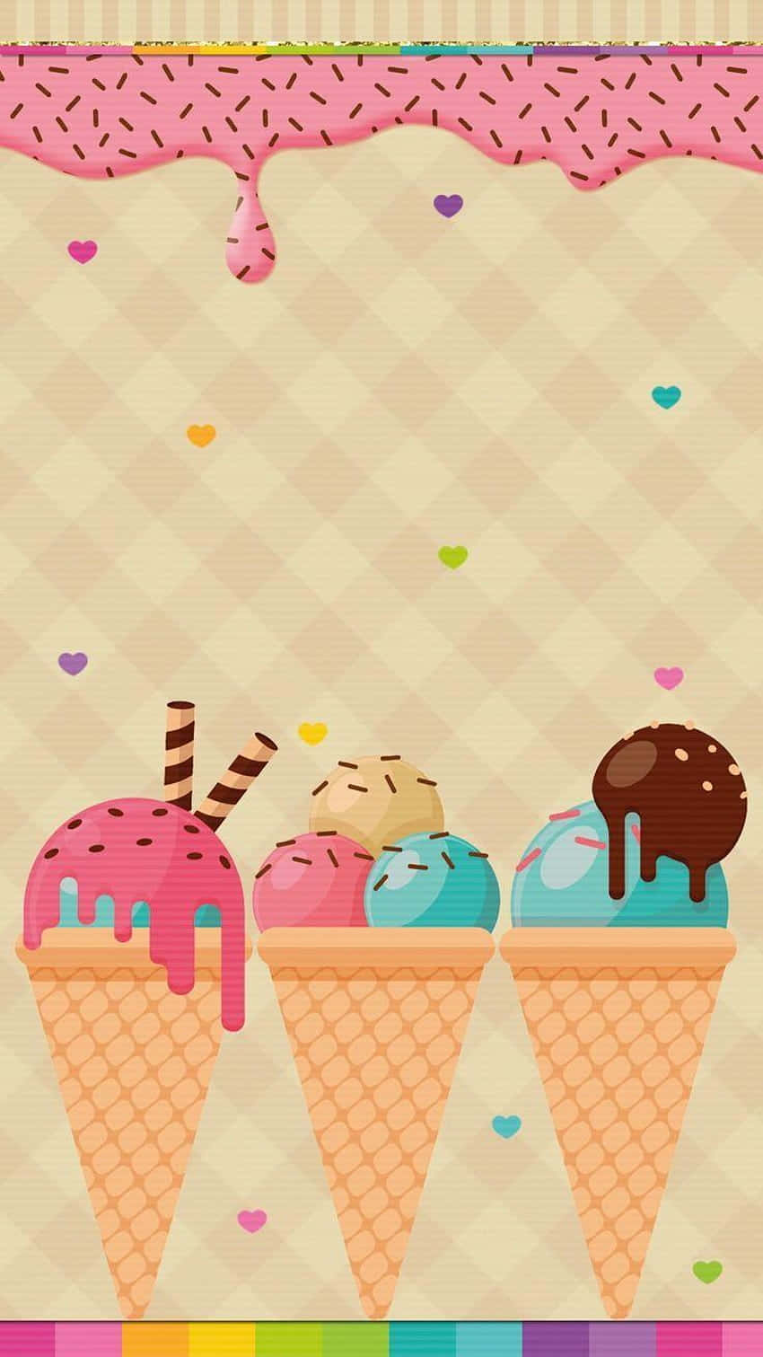 cute iPhone lock screen 桌布 壁紙 — 三個色彩繽紛的冰淇淋甜筒，帶有滴落的醬汁和糖粒，漂浮在格子背景上，伴有漂浮的心形。