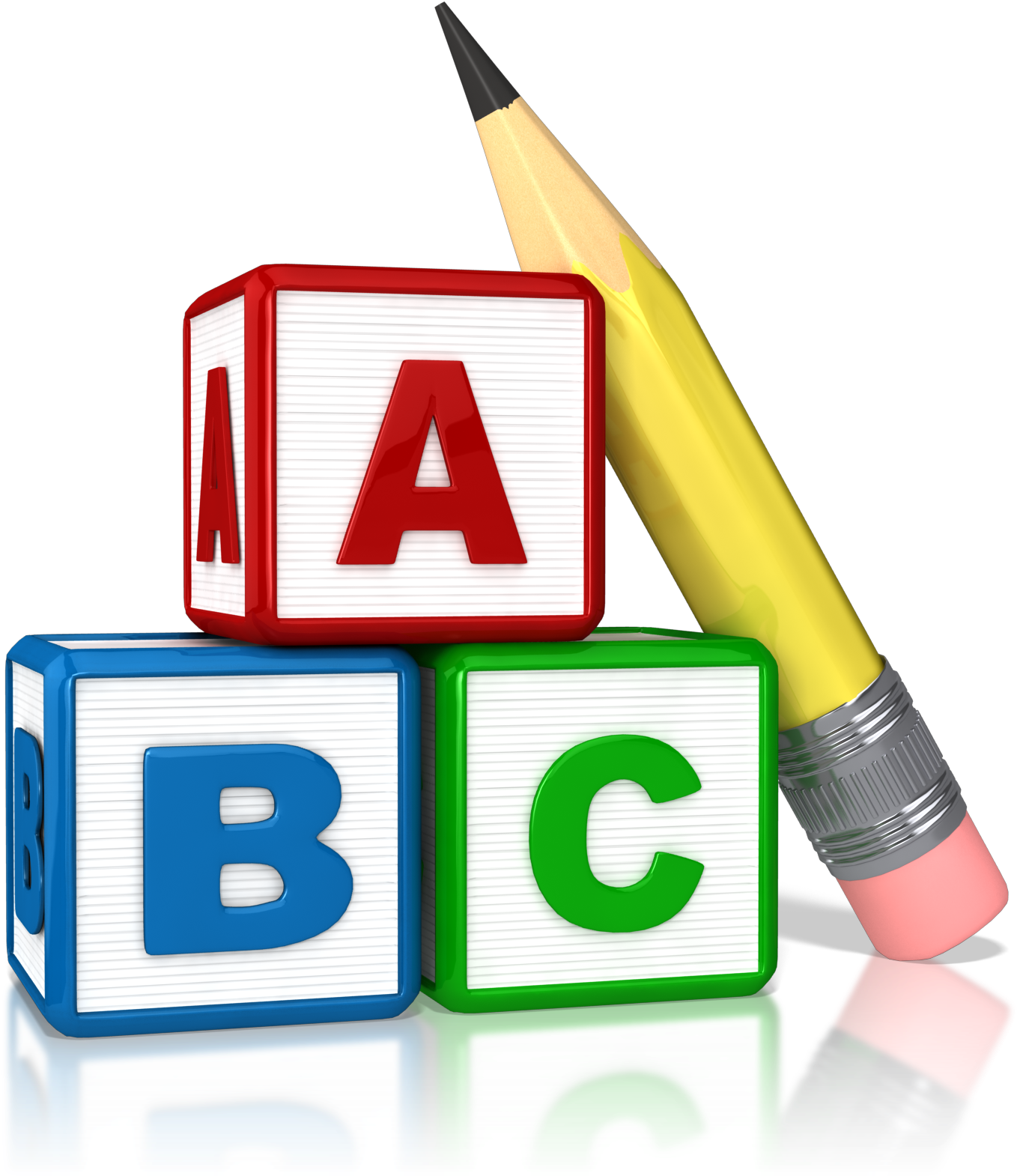 Clip Art 桌布 壁紙 — 三個色彩繽紛的字母積木，上面有A B C字母疊在一起，一支黃色鉛筆靠在它們旁邊，放在反光的黑色表面上。