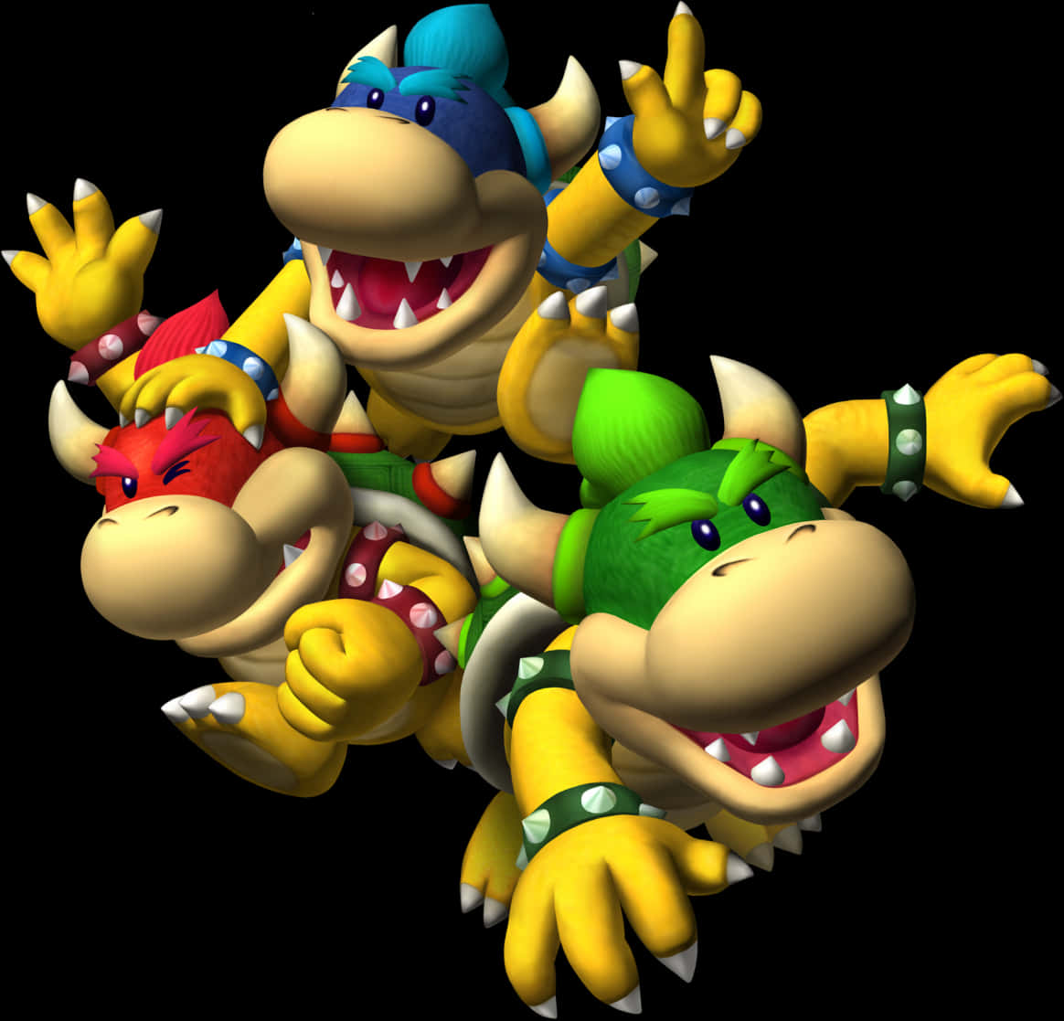 bowser 桌布 壁紙 — 三個色彩繽紛的庫巴Jr.角色以3D渲染形式在黑色背景上動態擺姿勢。