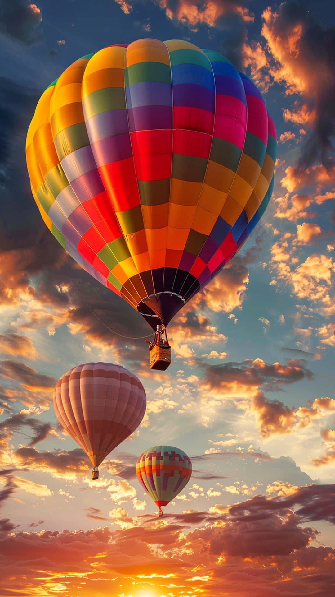 Parachute and sky background 壁紙 — 三個色彩繽紛的熱氣球在佈滿金橙色和深藍色雲朵的戲劇性日落天空中優雅飄浮。