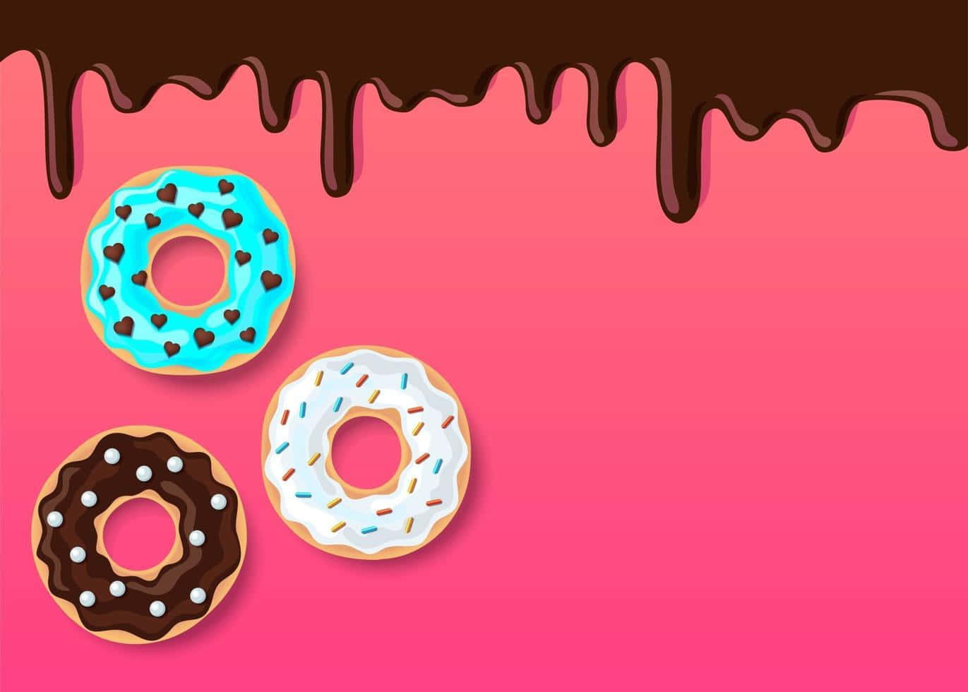 Donut 桌布 壁紙 — 三個色彩繽紛的甜甜圈，帶有巧克力滴，放在充滿活力的粉紅色背景上。