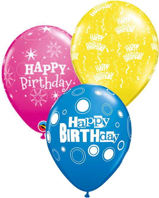 Happy Birthday Balloons 桌布 壁紙 — 三個色彩繽紛的生日氣球，粉紅色、黃色和藍色，帶有節日文字和圖案，漂浮在純色背景上。