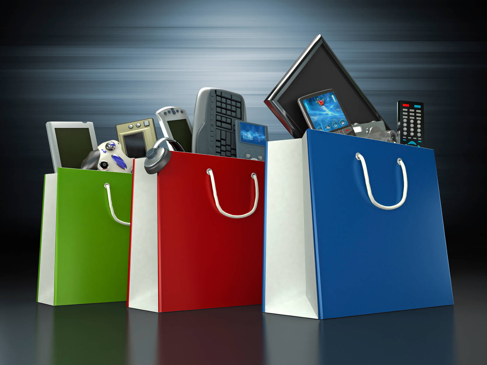 Shopping 桌布 壁紙 — 三個色彩繽紛的購物袋在深色漸層背景上裝滿了現代電子產品。